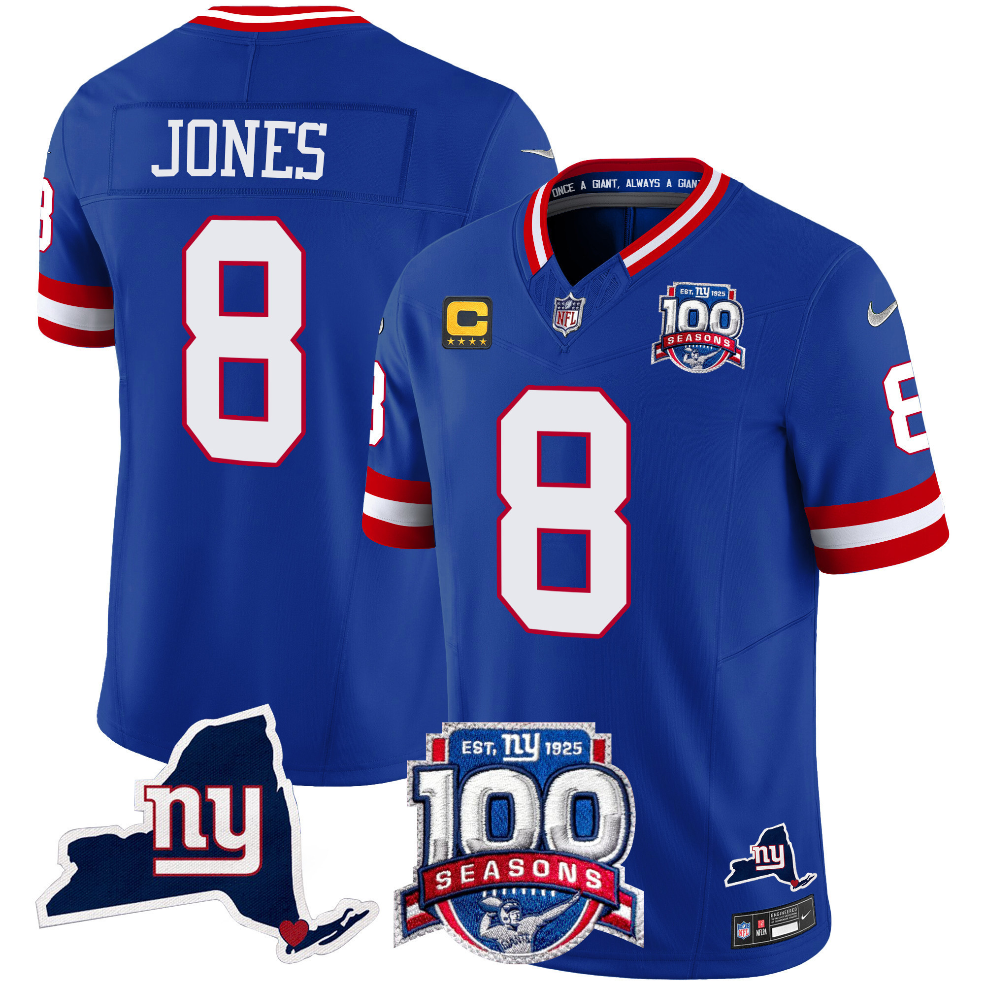 Daniel Jones Men's New York Giants 100th Season & State Patch Vapor Limited Royal Jersey - All Stitched