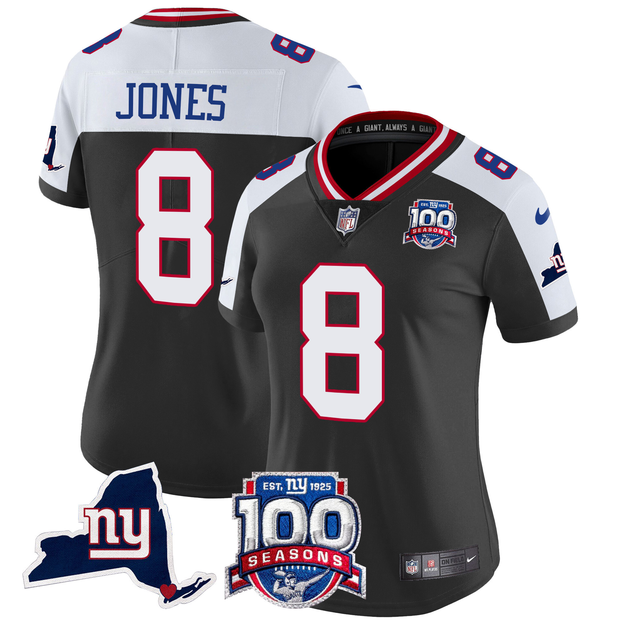 Daniel Jones Women's New York Giants 100th Season & State Patch Vapor Limited Black Alternate Jersey - All Stitched