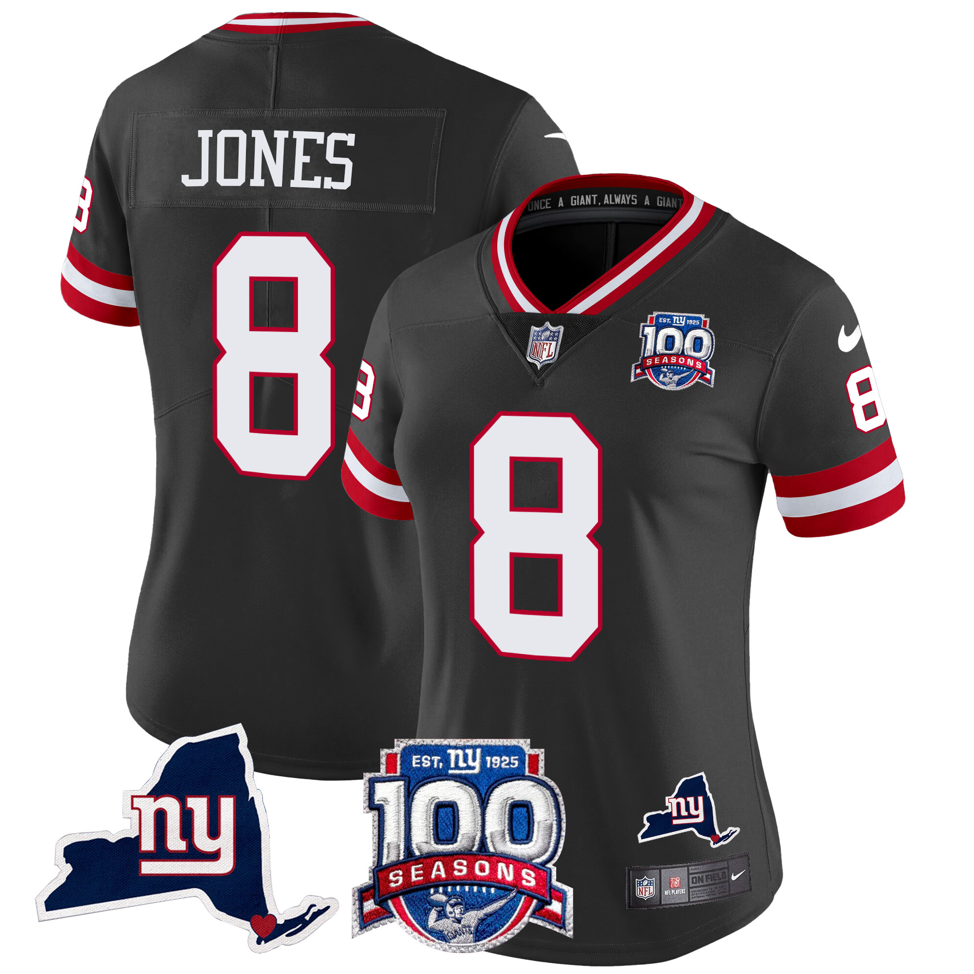 Daniel Jones Women's New York Giants 100th Season & State Patch Vapor Limited Black Jersey - All Stitched
