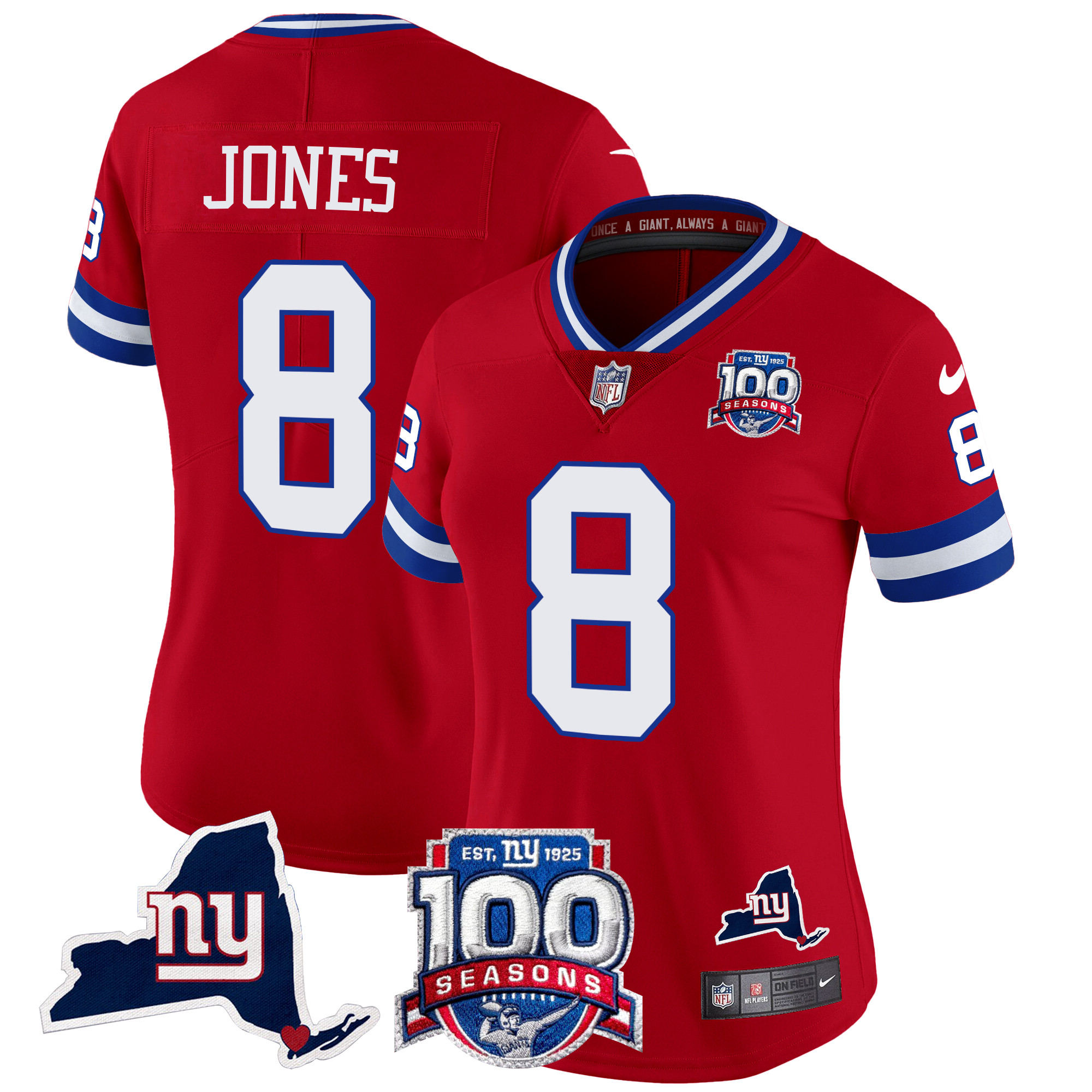 Daniel Jones Women's New York Giants 100th Season & State Patch Vapor Limited Red Jersey - All Stitched