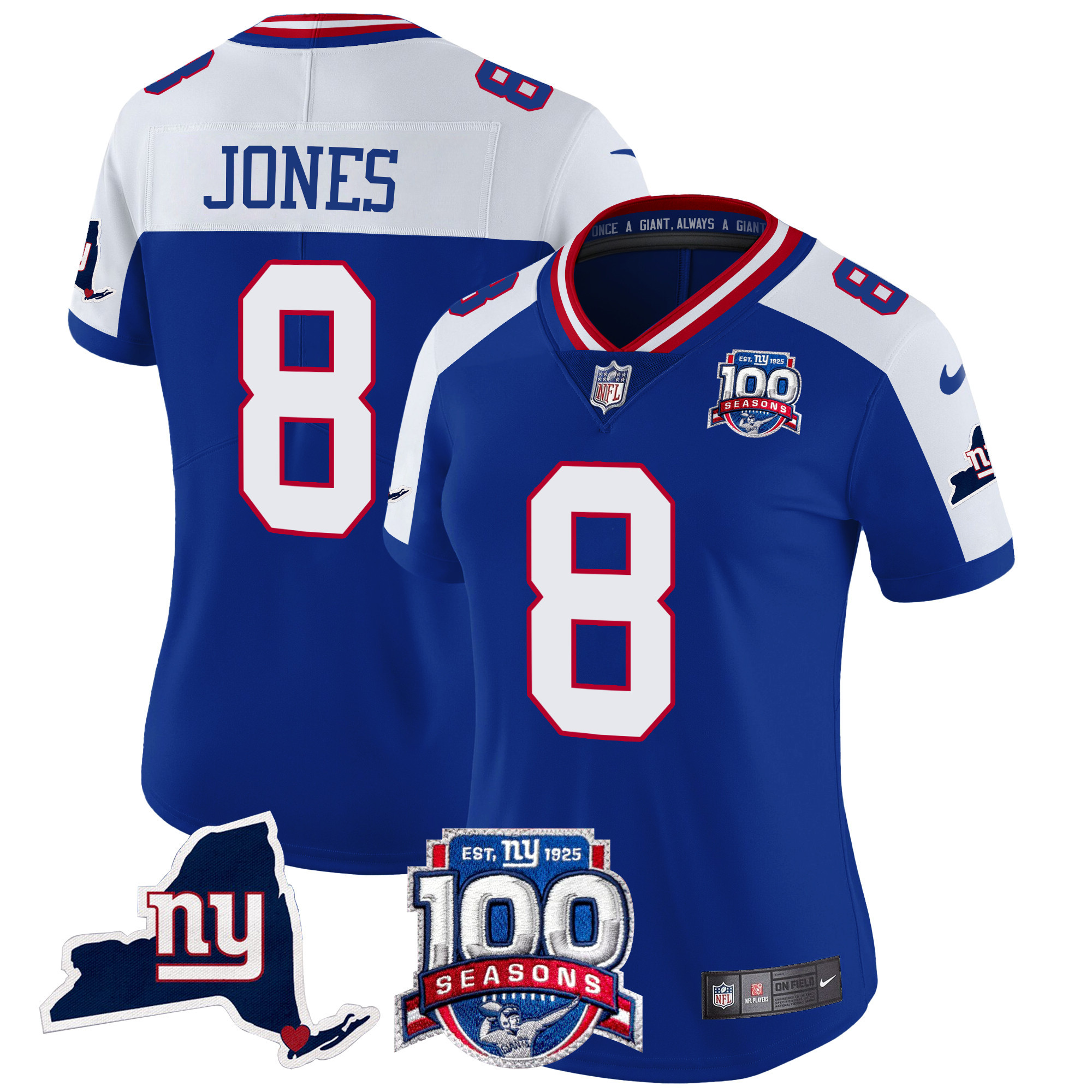 Daniel Jones Women's New York Giants 100th Season & State Patch Vapor Limited Royal Alternate Jersey - All Stitched