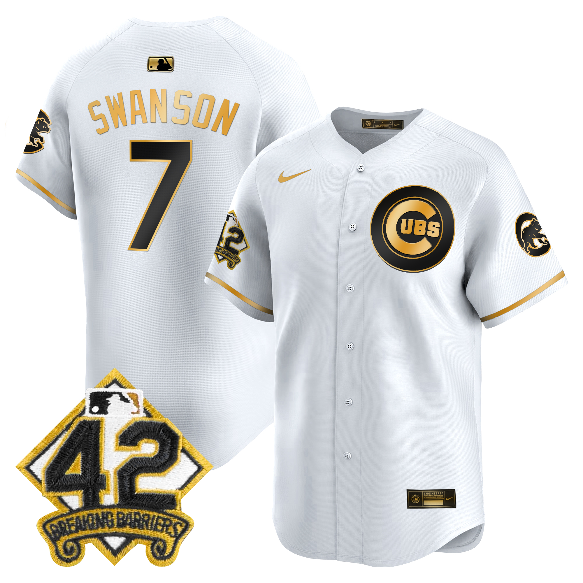 Dansby Swanson Men's Chicago Cubs 2025 Jackie Robinson Patch Vapor Premier Limited White Gold Jersey - All Stitched