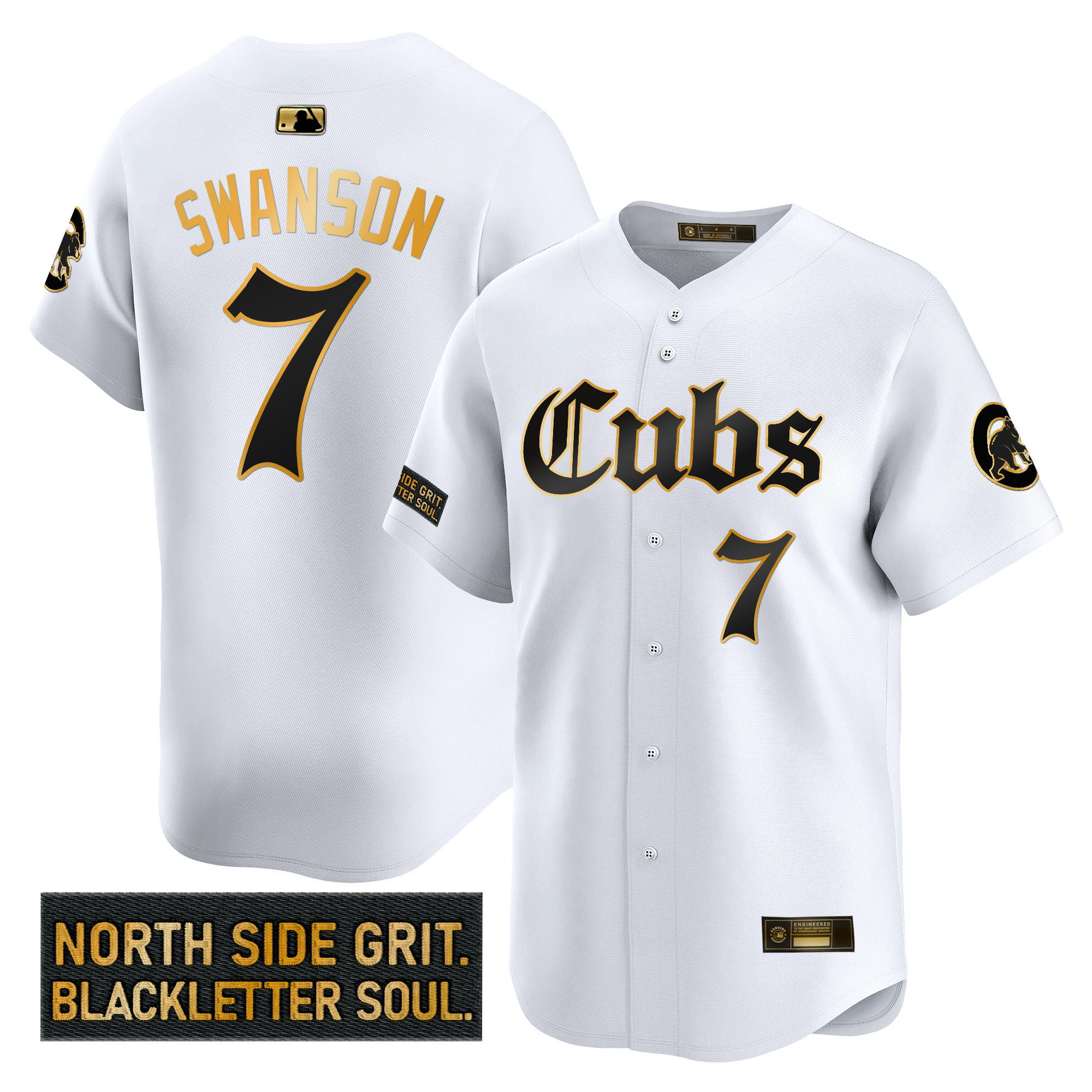 Dansby Swanson Men's Chicago Cubs 'Gothic North Side Edition' Gold Vapor Premier Limited White Gold Jersey - All Stitched