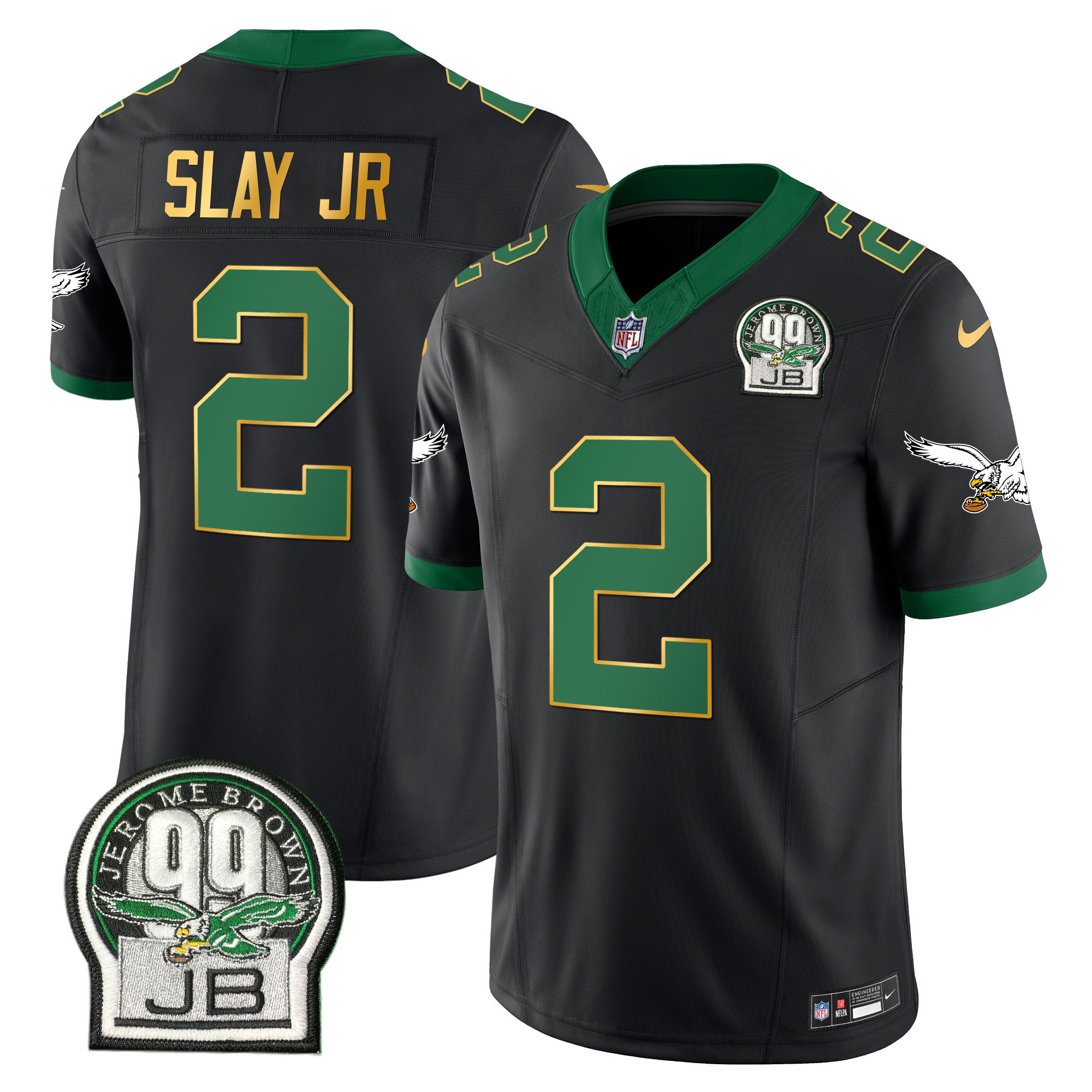 Darius Slay Jr. Men's Philadelphia Eagles Jerome Brown Patch Kelly Green Gold Trim Black Jersey - All Stitched