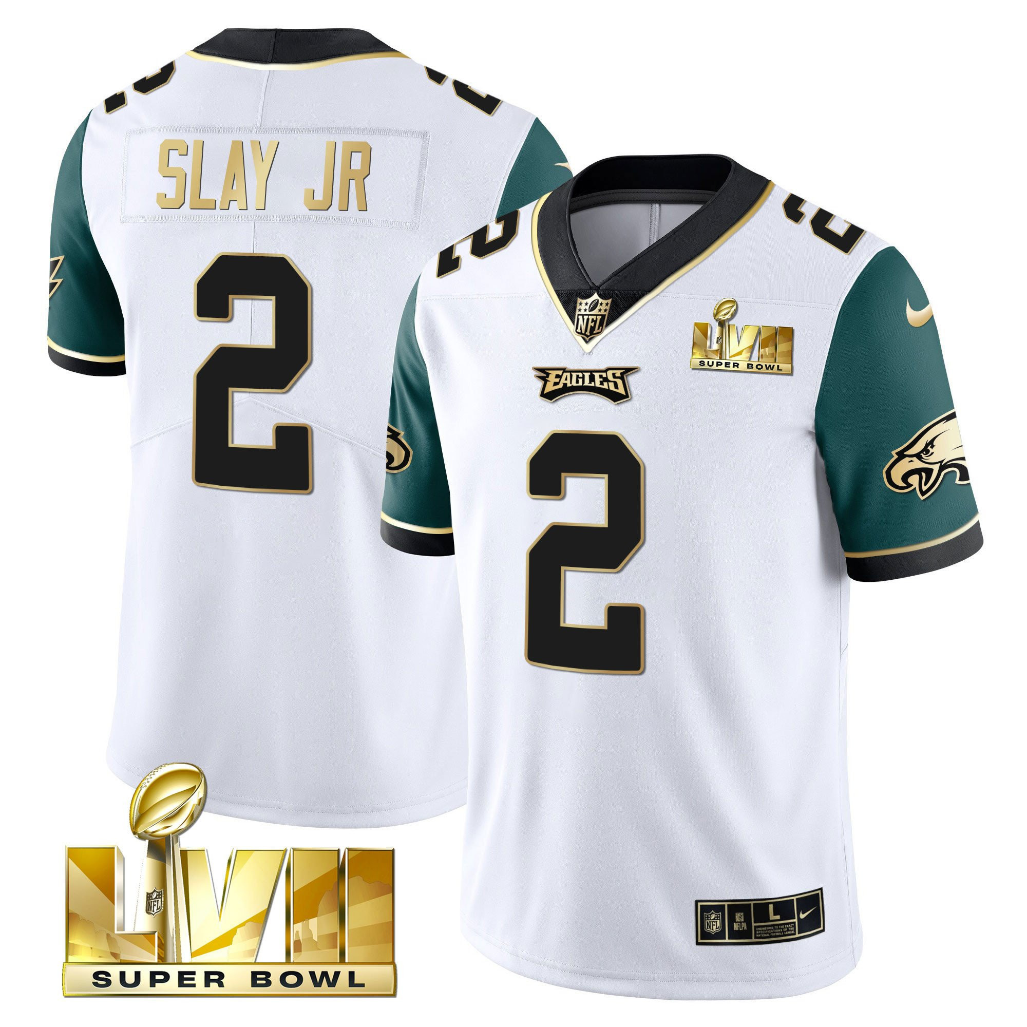 Darius Slay Jr. Men's Philadelphia Eagles Super Bowl Vapor Gold Midnight Green Sleeves Jersey - All Stitched