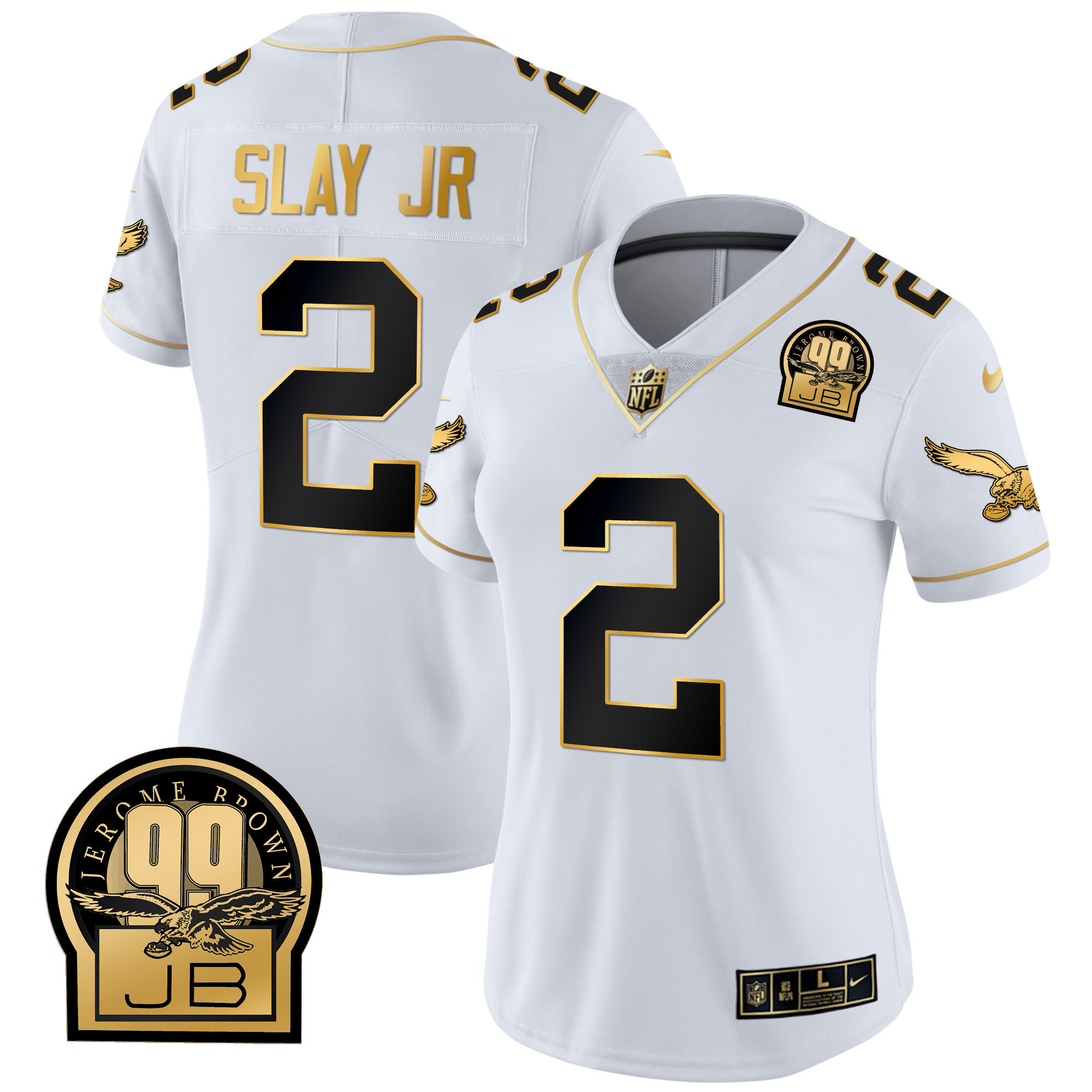 Darius Slay Jr. Women's Philadelphia Eagles Jerome Brown Retired Patch Gold & Kelly White Gold Jersey - All Stitched