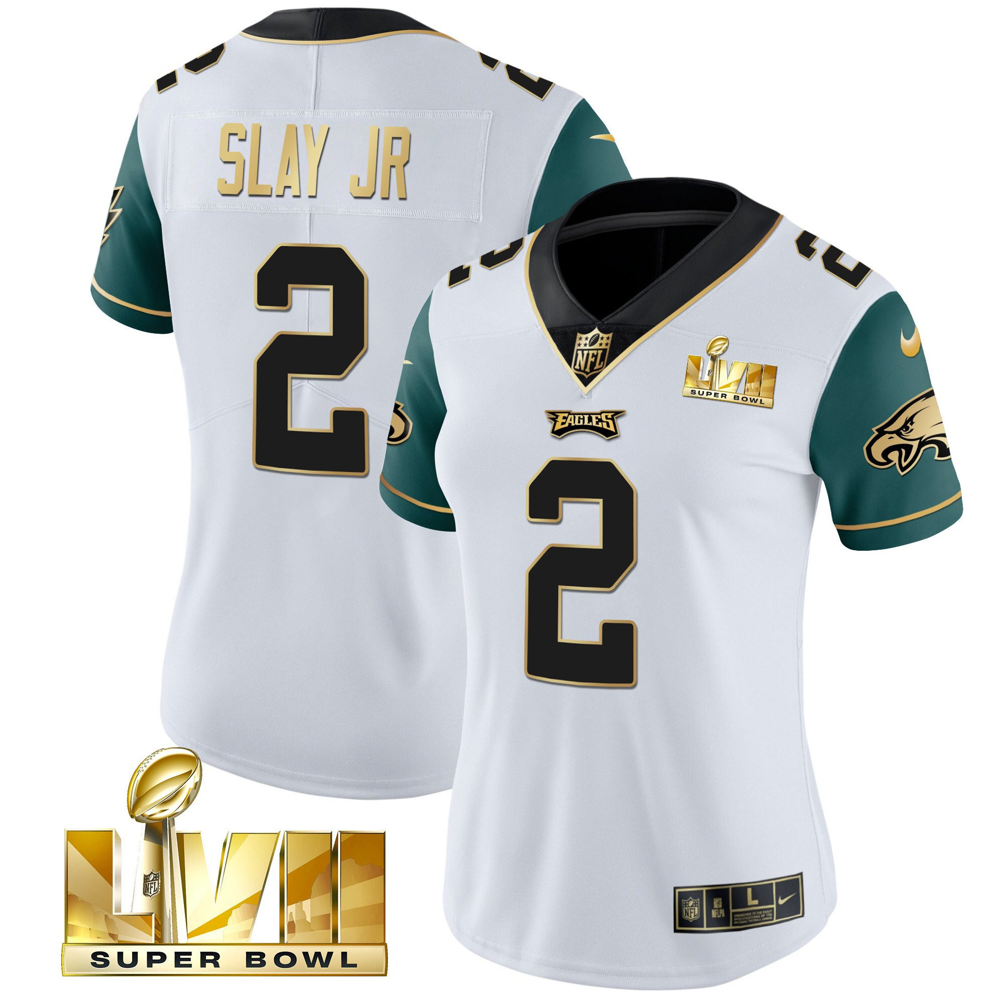 Darius Slay Jr. Women's Philadelphia Eagles Super Bowl LVII Gold Vapor Midnight Green Sleeves Jersey - All Stitched