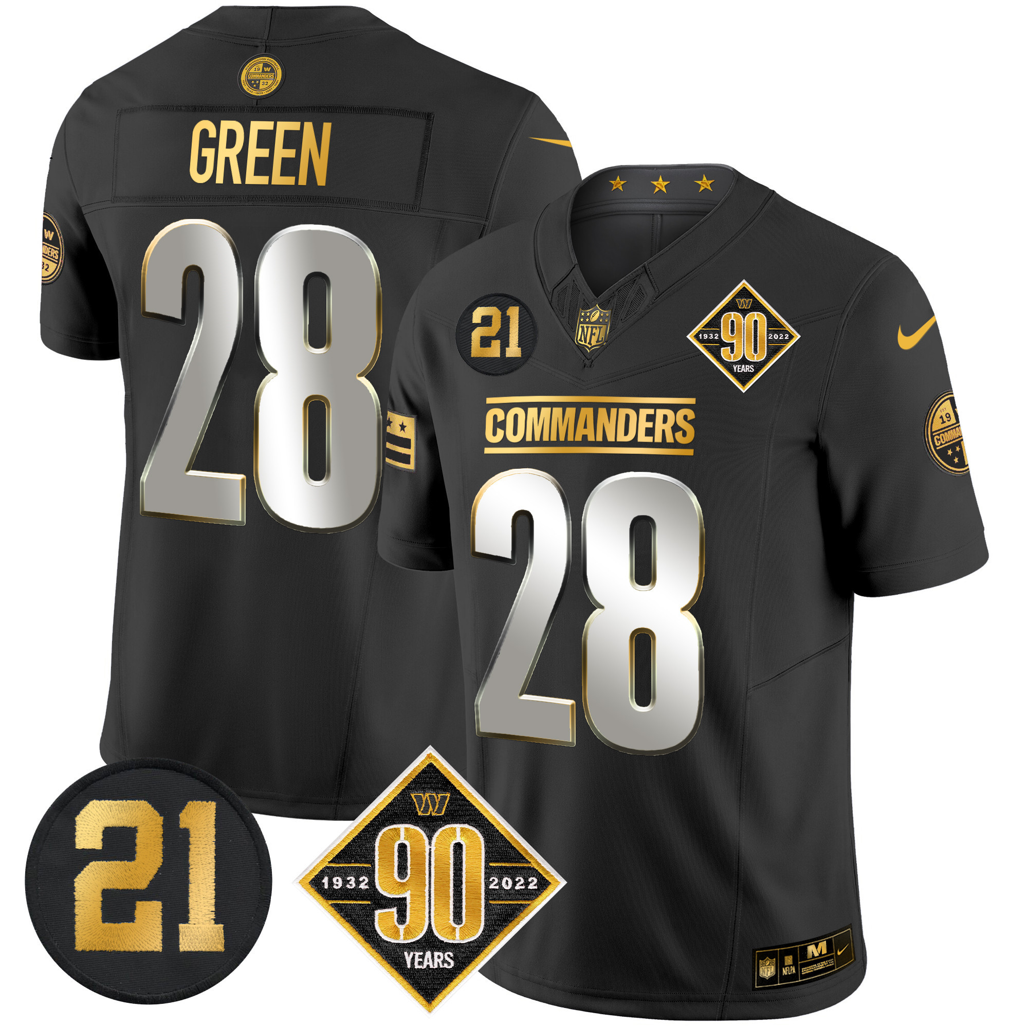 Darrell Green Men's Washington Commanders 90th & Sean Taylor Patch Gold Vapor Limited Black Limited Jersey - All Stitched