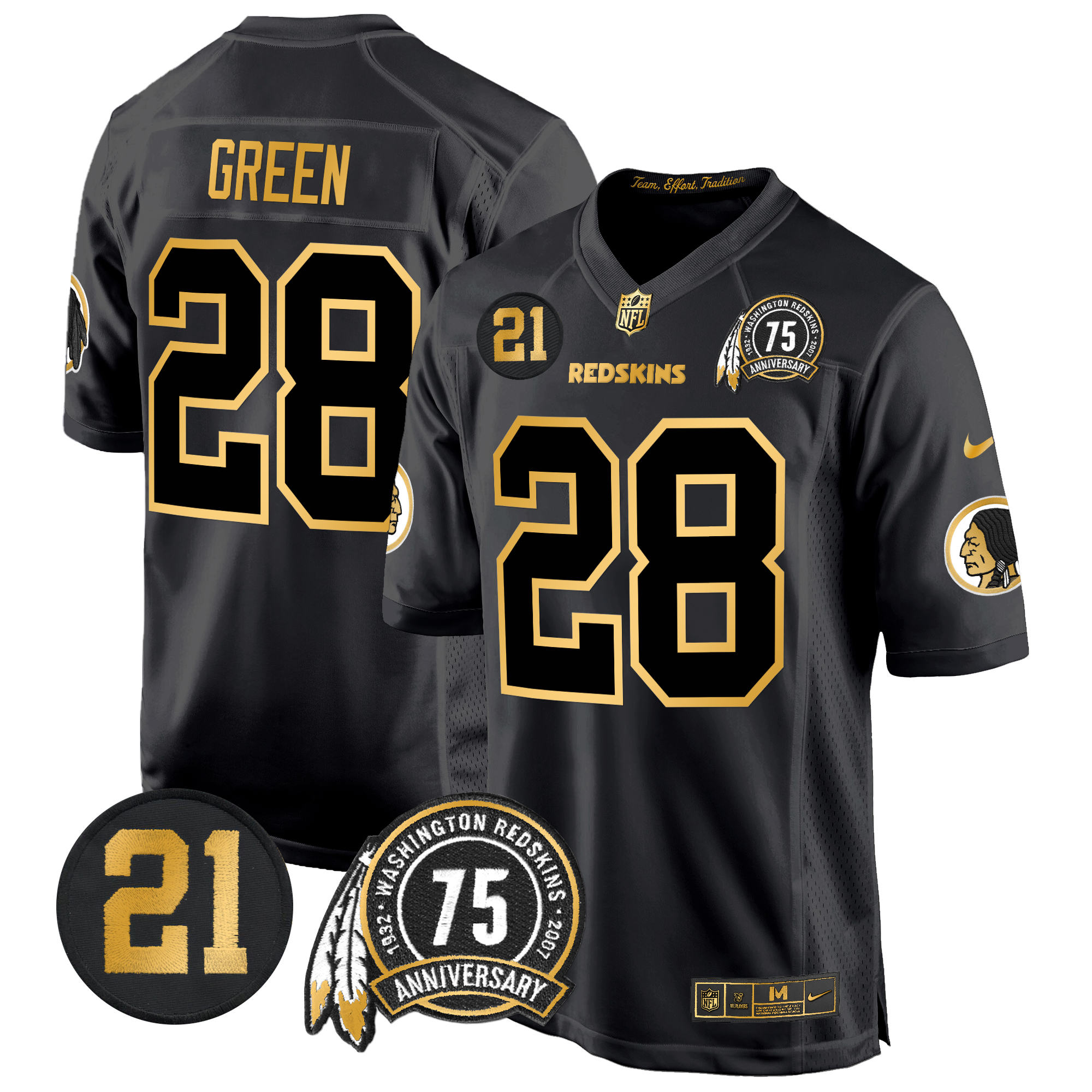 Darrell Green Men's Washington Redskins 75th & Sean Taylor Patch Gold Game Black Gold Jersey - All Stitched