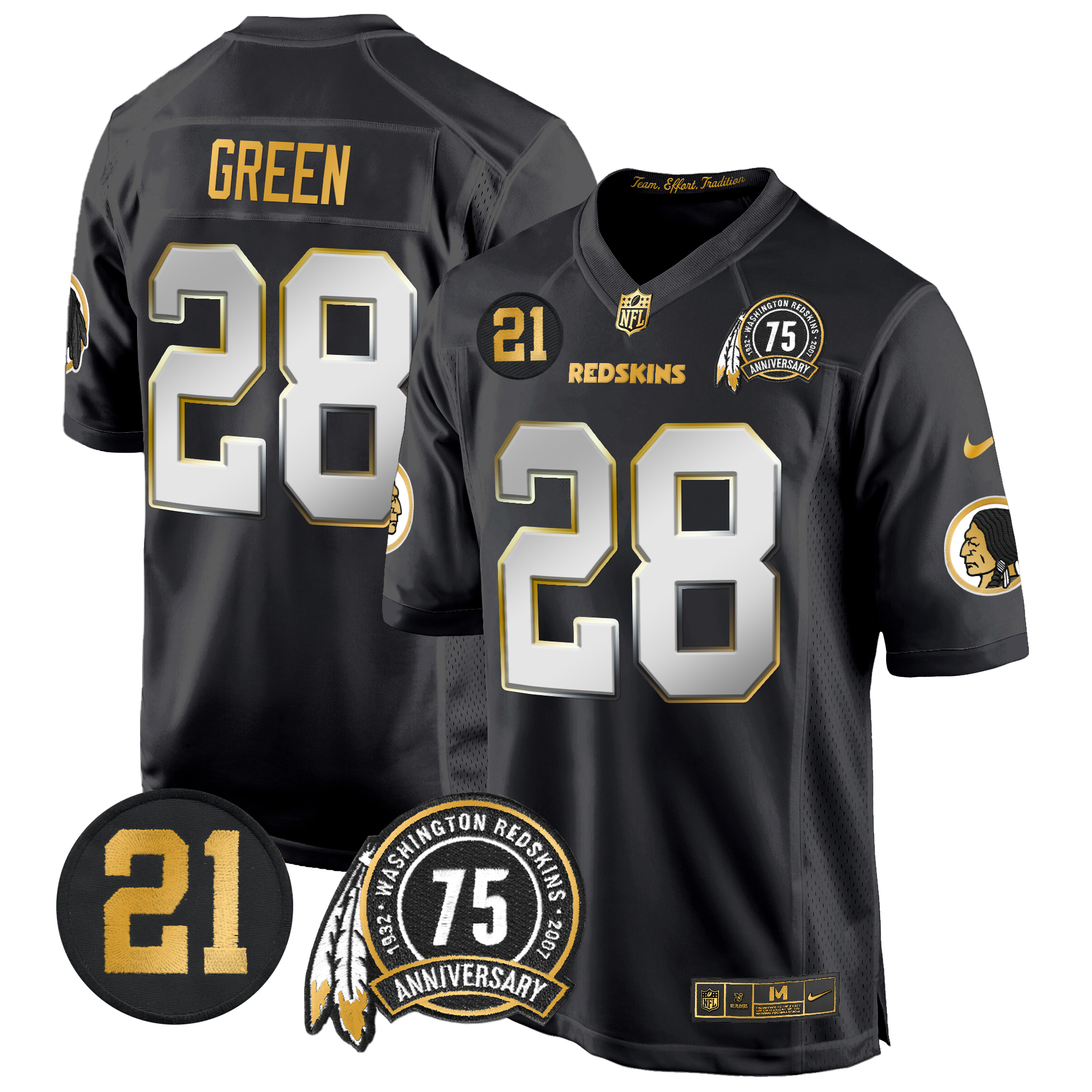 Darrell Green Men's Washington Redskins 75th & Sean Taylor Patch Gold Game Black Limited Jersey - All Stitched