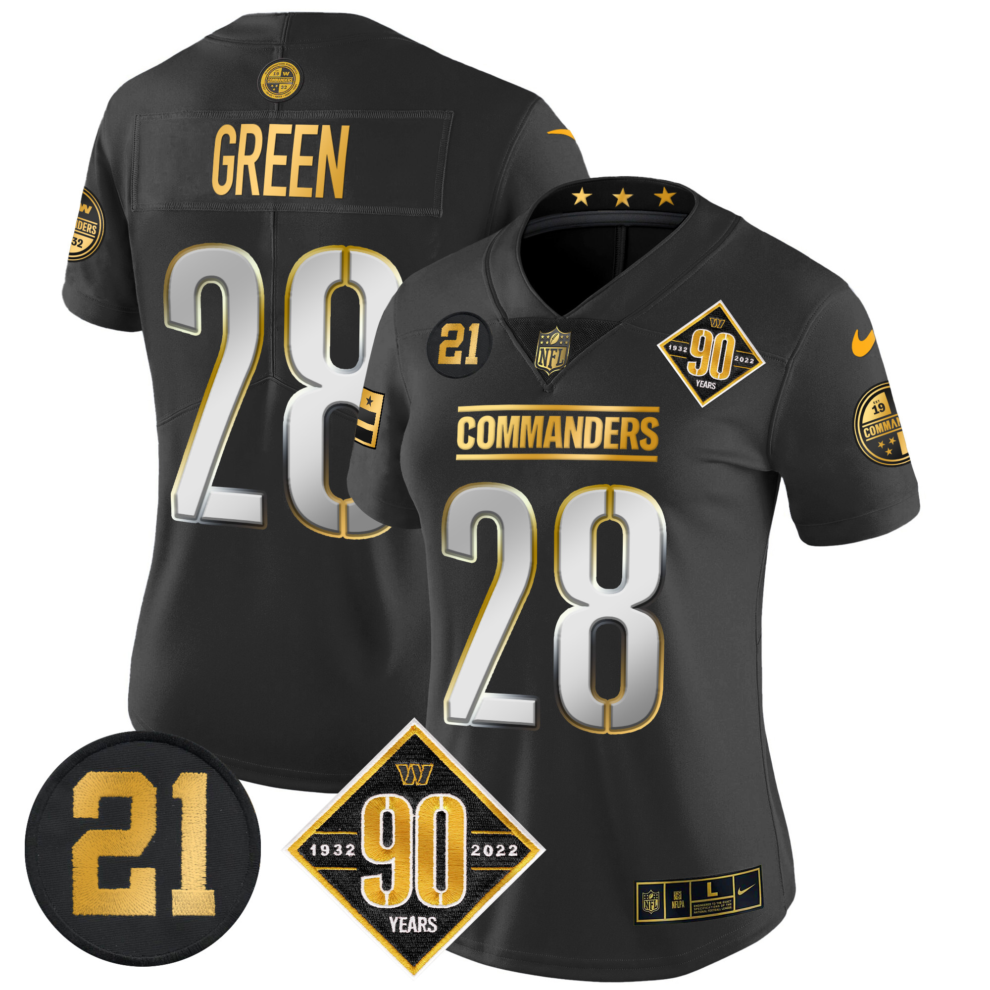 Darrell Green Women's Washington Commanders 90th & Sean Taylor Patch Gold Vapor Limited Black Limited Jersey - All Stitched