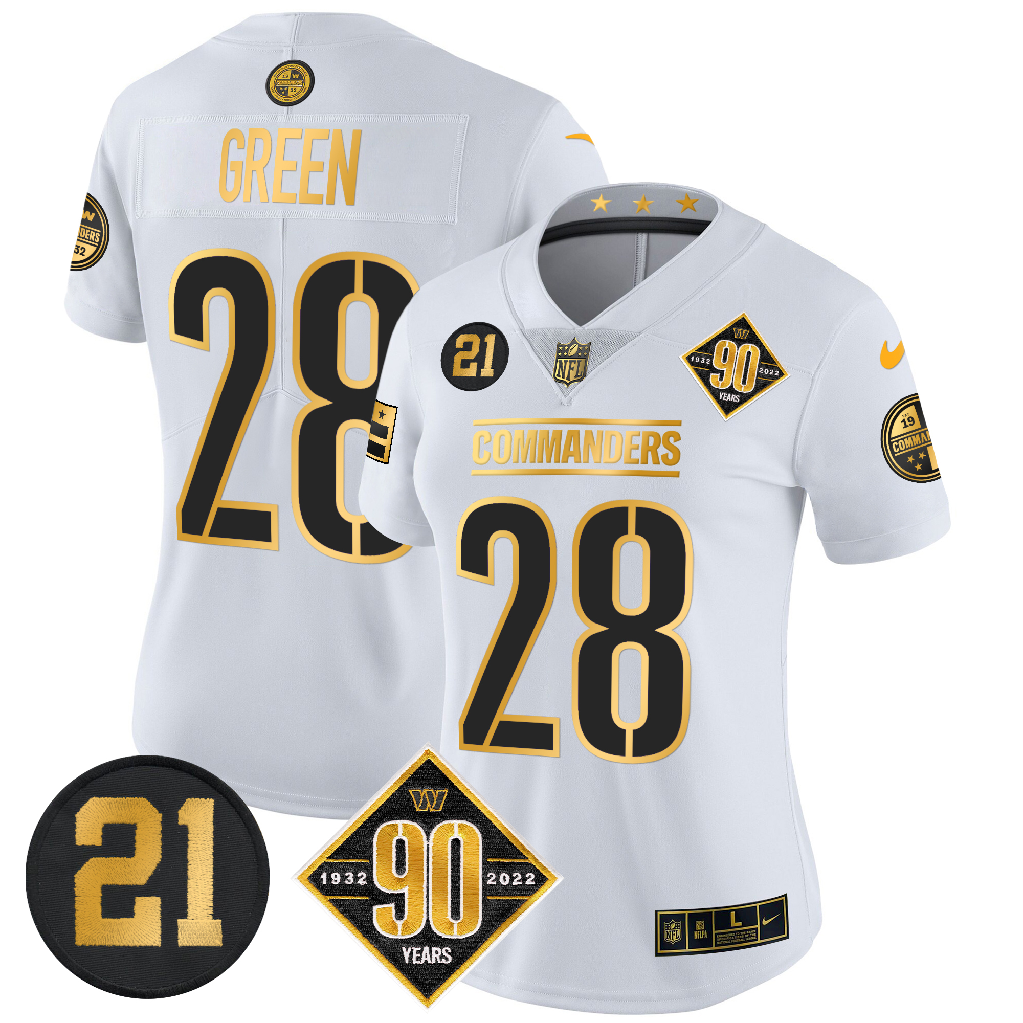 Darrell Green Women's Washington Commanders 90th & Sean Taylor Patch Gold Vapor Limited White Gold Jersey - All Stitched