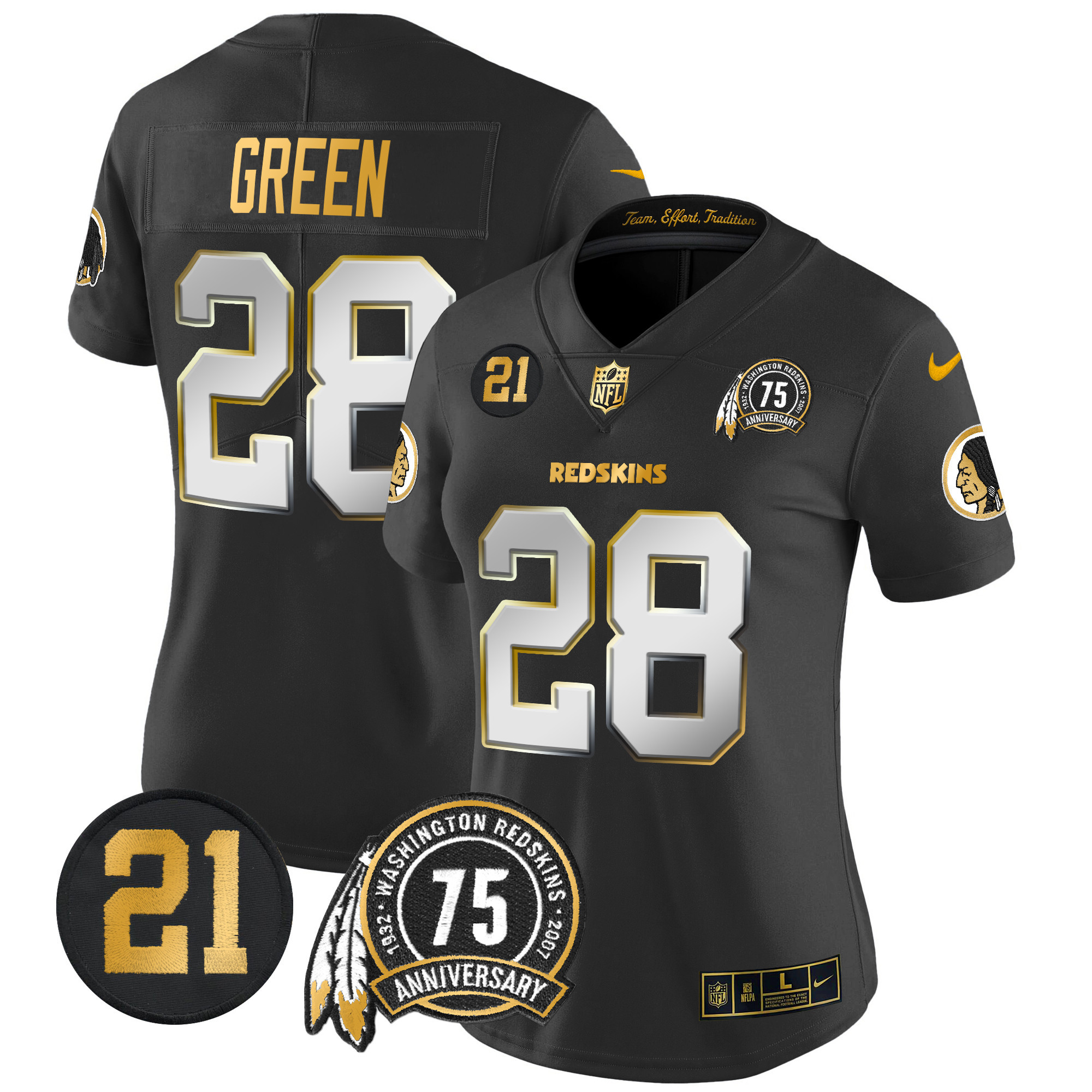 Darrell Green Women's Washington Redskins 75th & Sean Taylor Patch Gold Vapor Limited Black Limited Jersey - All Stitched