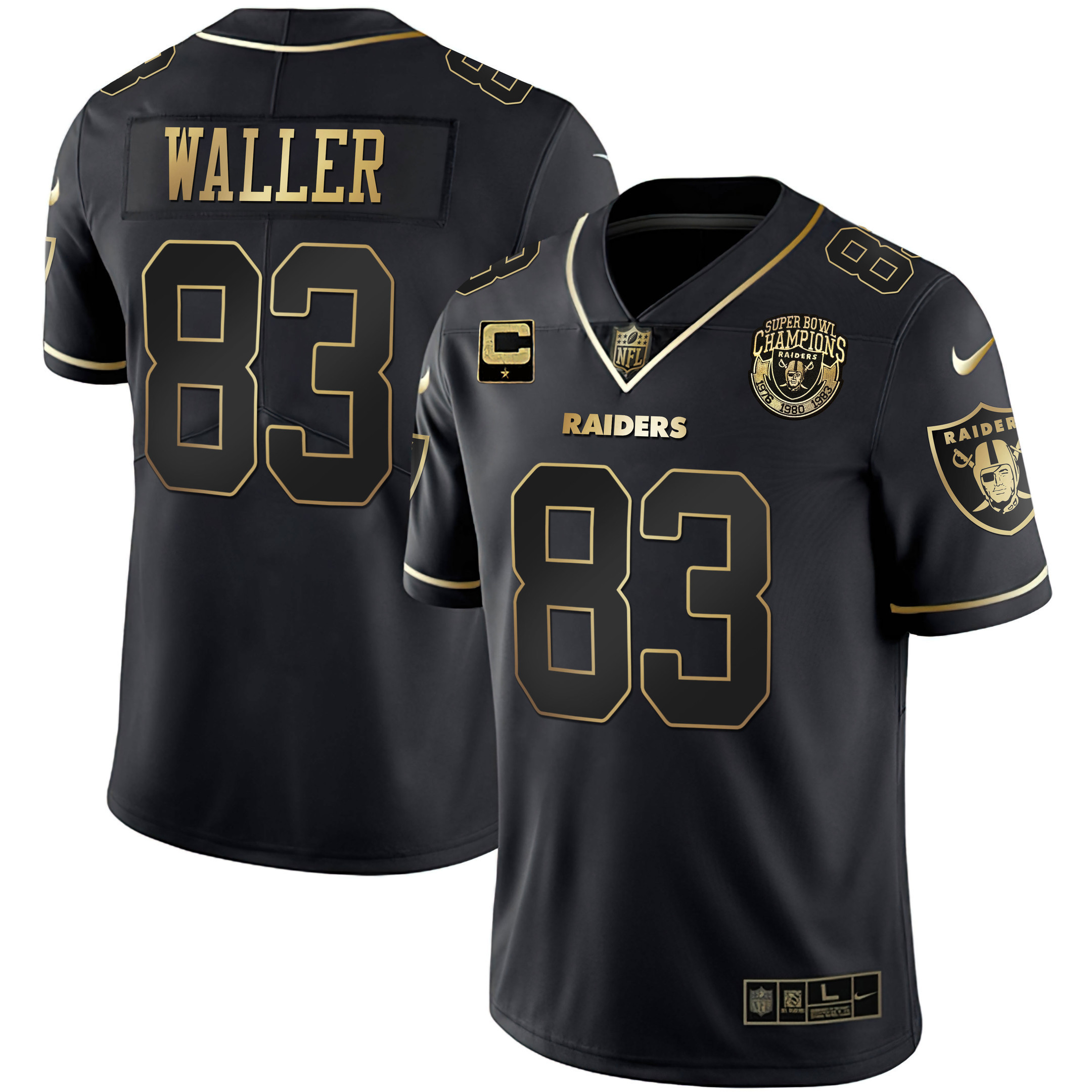 Darren Waller Men's Las Vegas Raiders 1976 - 1980 - 1983 Super Bowl Champions Patch White Gold and Black Gold - All Stitched Black Gold Jersey - All Stitched