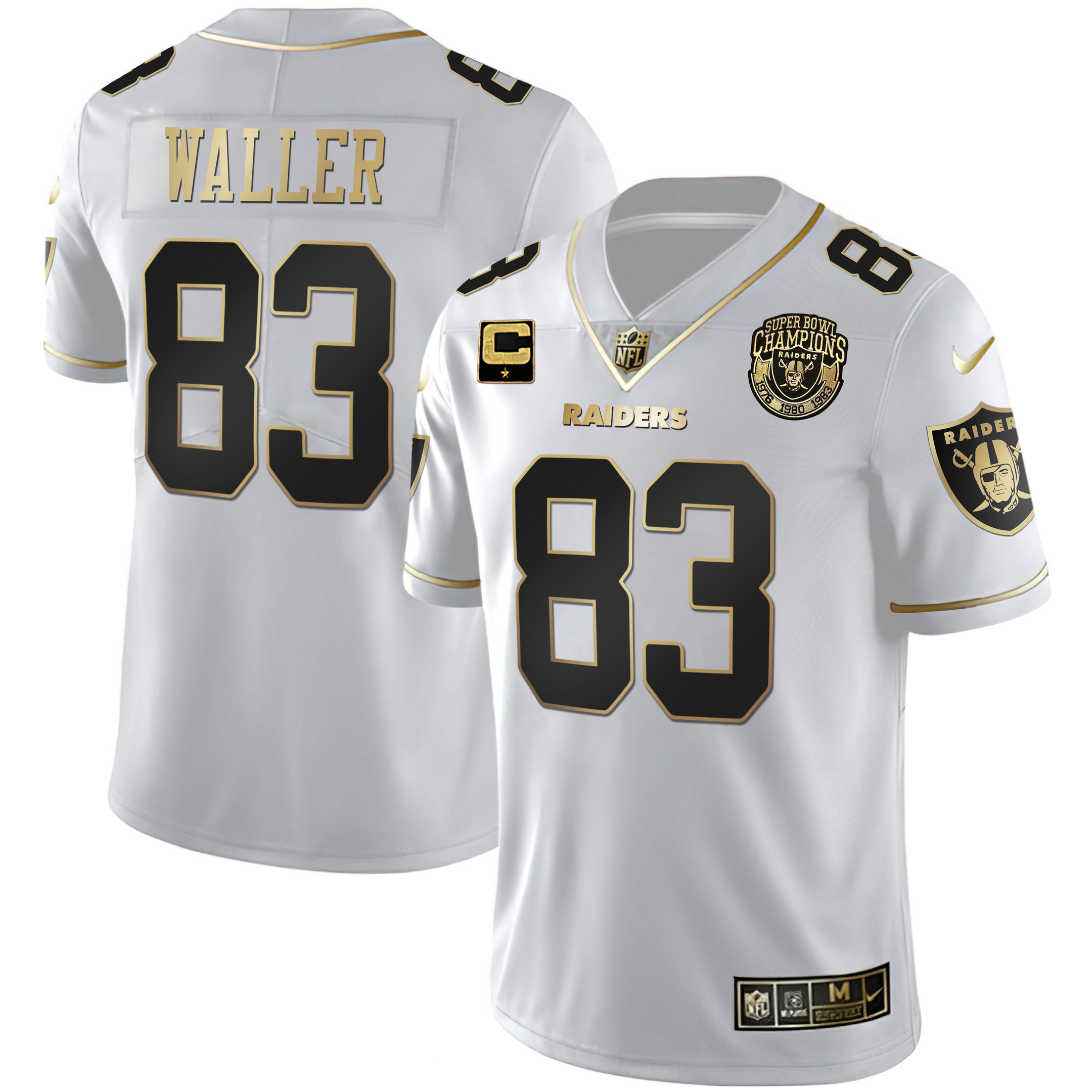 Darren Waller Men's Las Vegas Raiders 1976 - 1980 - 1983 Super Bowl Champions Patch White Gold and Black Gold - All Stitched White Gold Jersey - All Stitched
