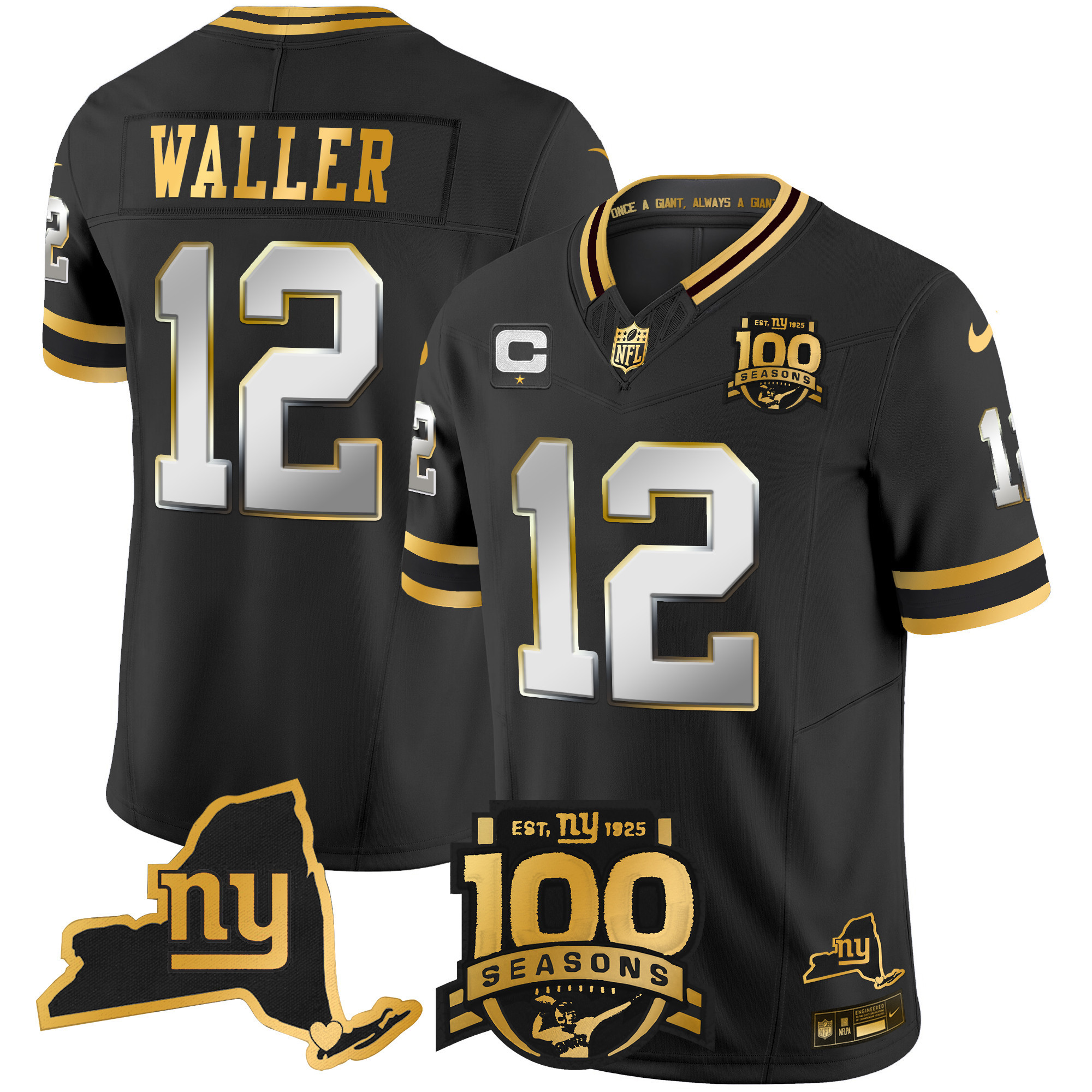 Darren Waller Men's New York Giants 100th Season & State Patch Gold Vapor Limited Black Limited Jersey - All Stitched