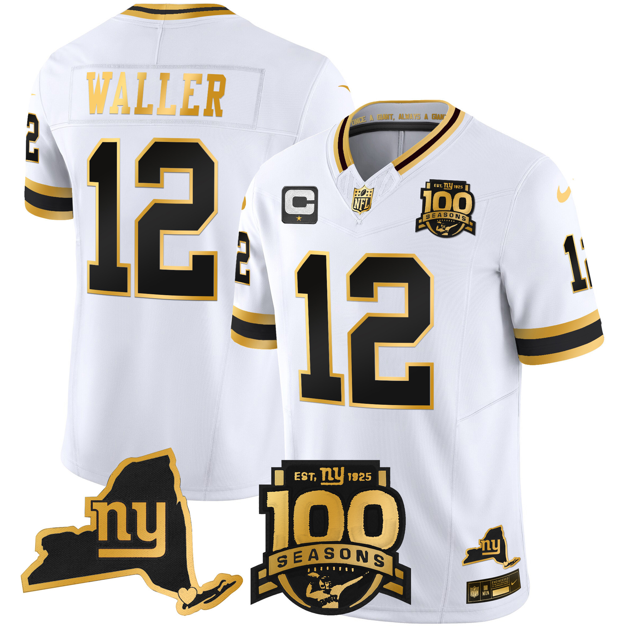 Darren Waller Men's New York Giants 100th Season & State Patch Gold Vapor Limited White Gold Jersey - All Stitched