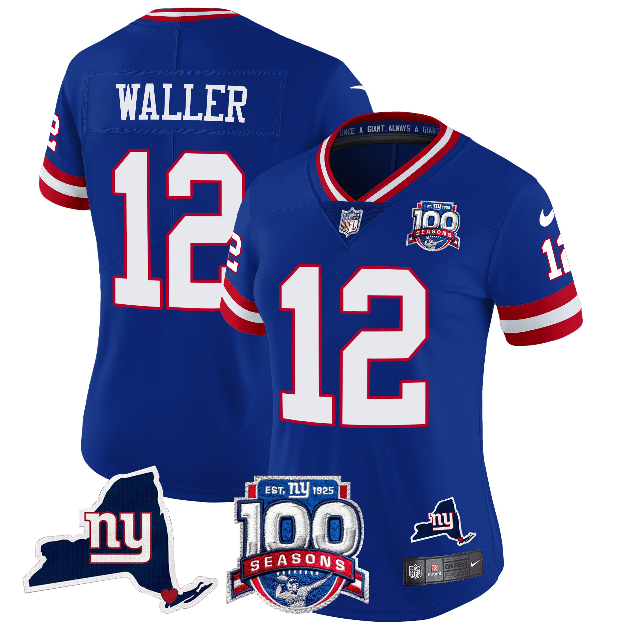 Darren Waller Women's New York Giants 100th Season & State Patch Vapor Limited Royal Jersey - All Stitched
