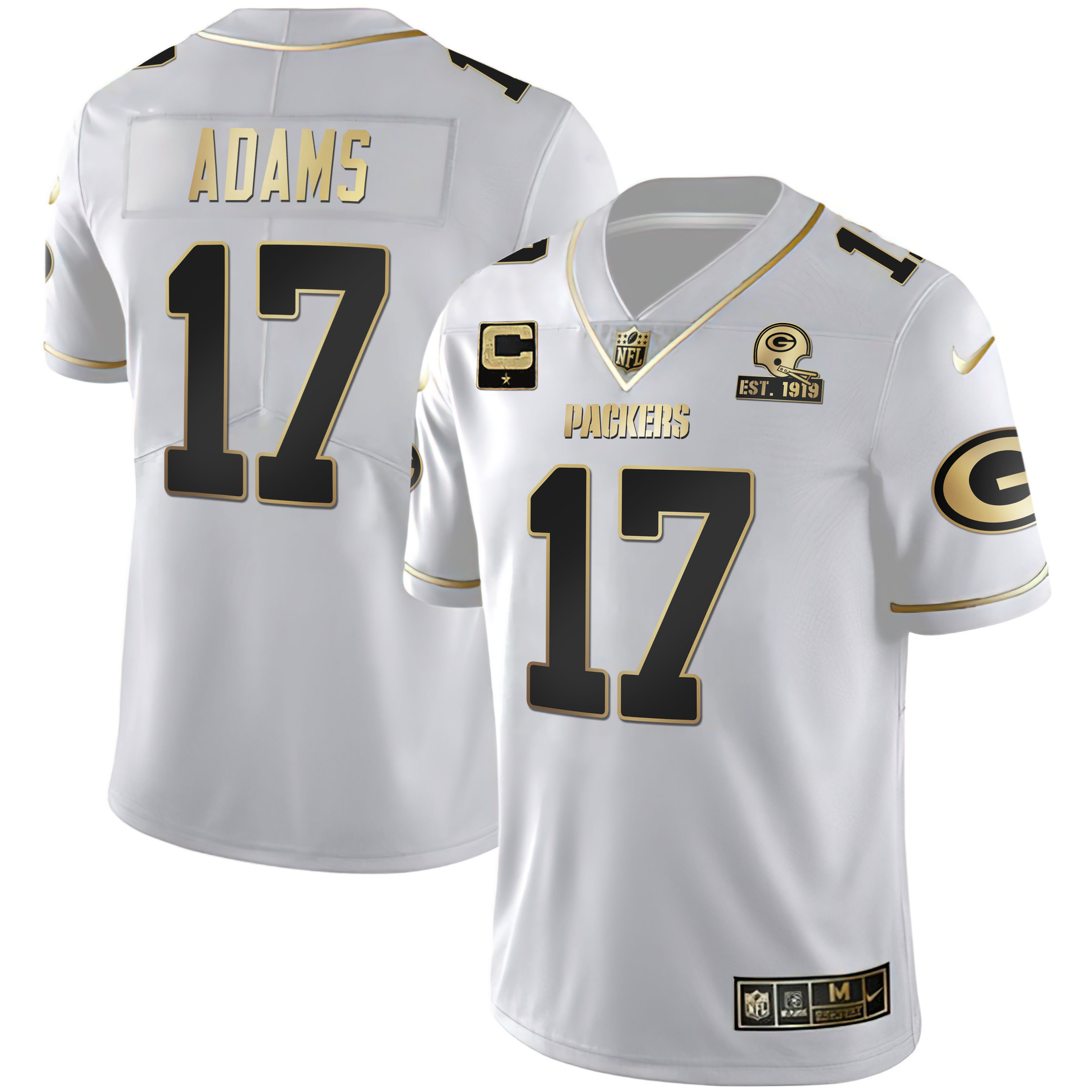 Davante Adams Men's Green Bay Packers White Gold & Black Gold Est 1919 Patch - All Stitched White Gold Jersey - All Stitched