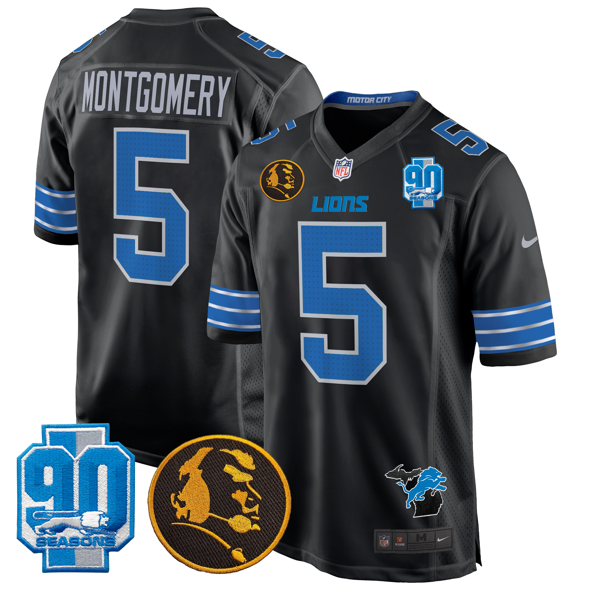 David Montgomery Men's Detroit Lions 2024 90th & John Madden Patch Game Black Jersey - All Stitched