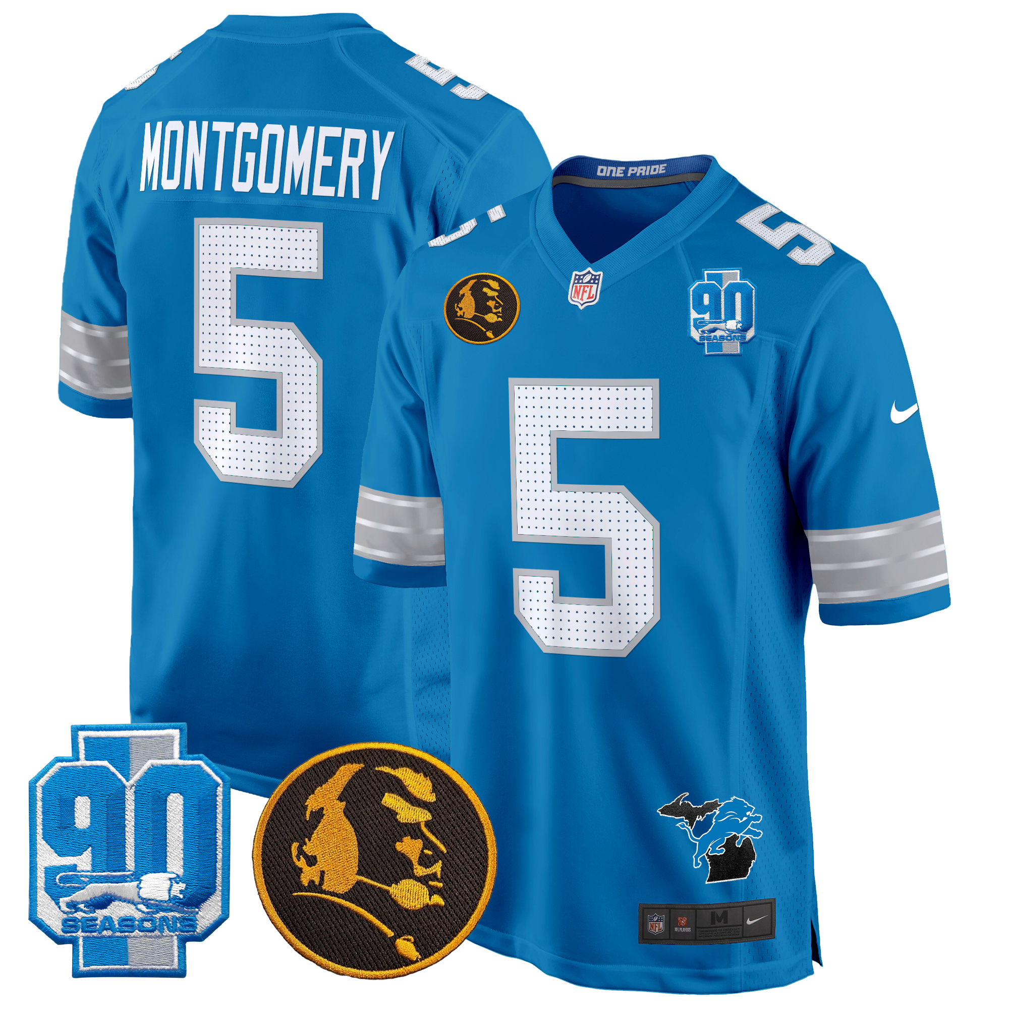 David Montgomery Men's Detroit Lions 2024 90th & John Madden Patch Game Blue Jersey - All Stitched