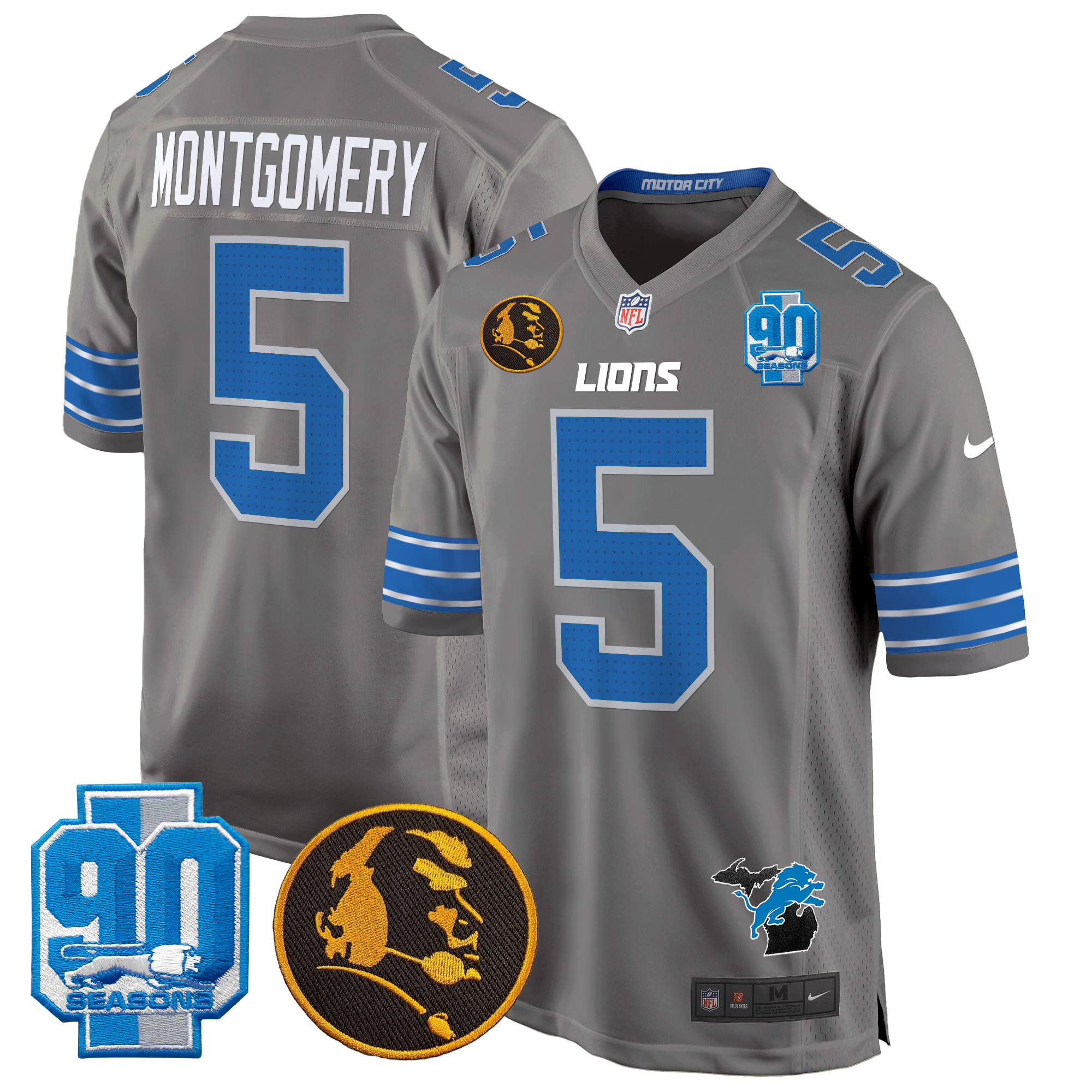 David Montgomery Men's Detroit Lions 2024 90th & John Madden Patch Game Gray Jersey - All Stitched