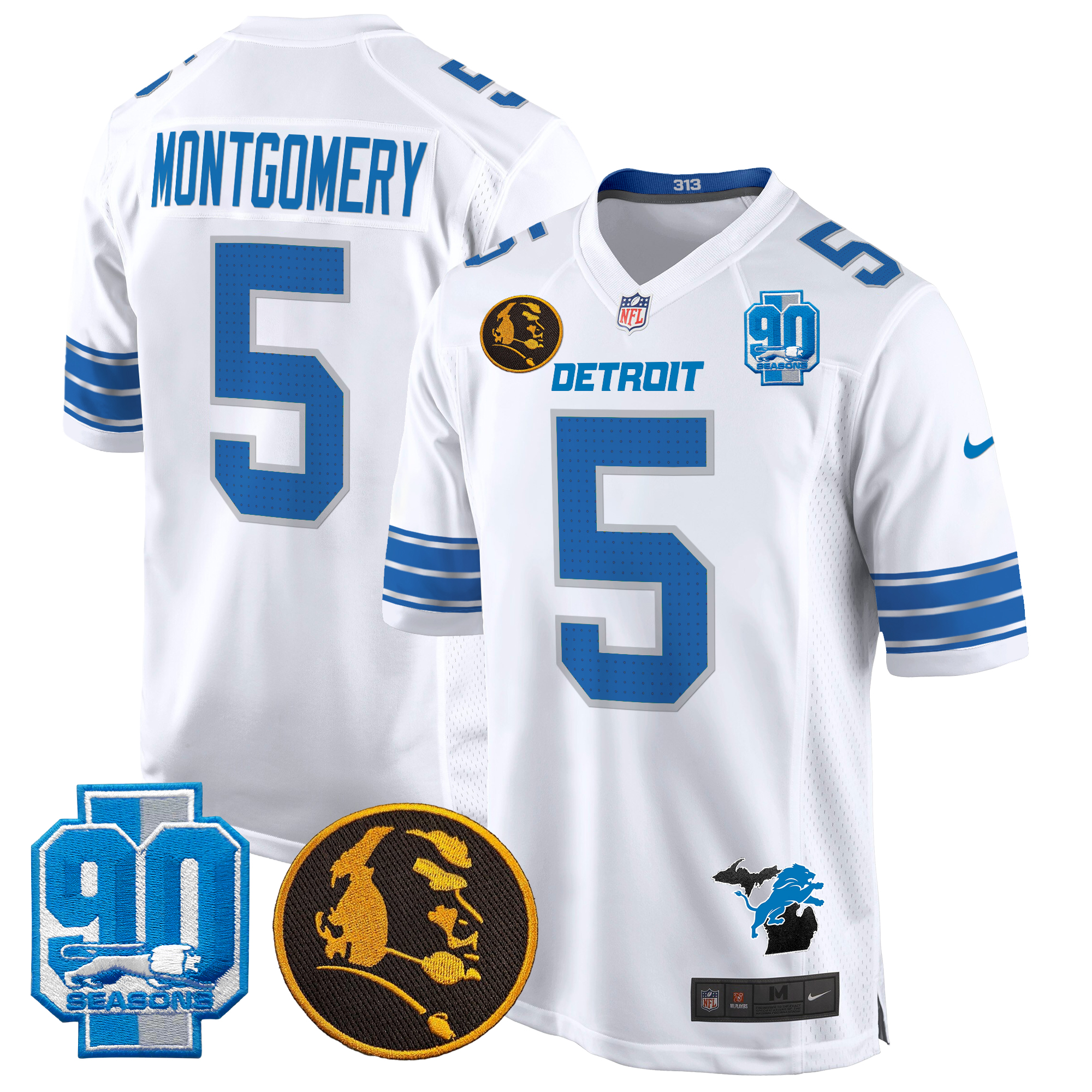 David Montgomery Men's Detroit Lions 2024 90th & John Madden Patch Game White Jersey - All Stitched