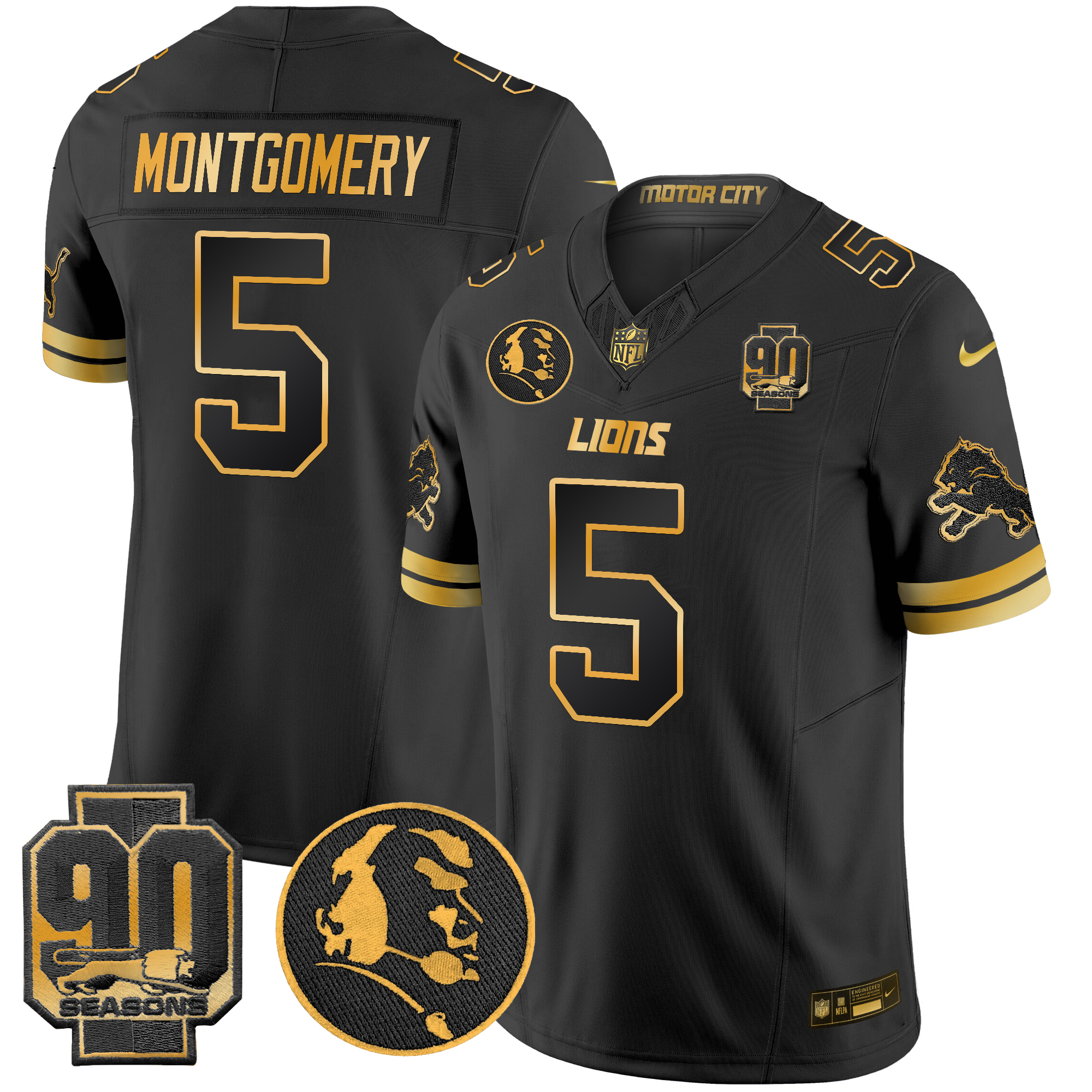 David Montgomery Men's Detroit Lions 2024 90th & John Madden Patch Gold Vapor Limited Black Gold Jersey - All Stitched