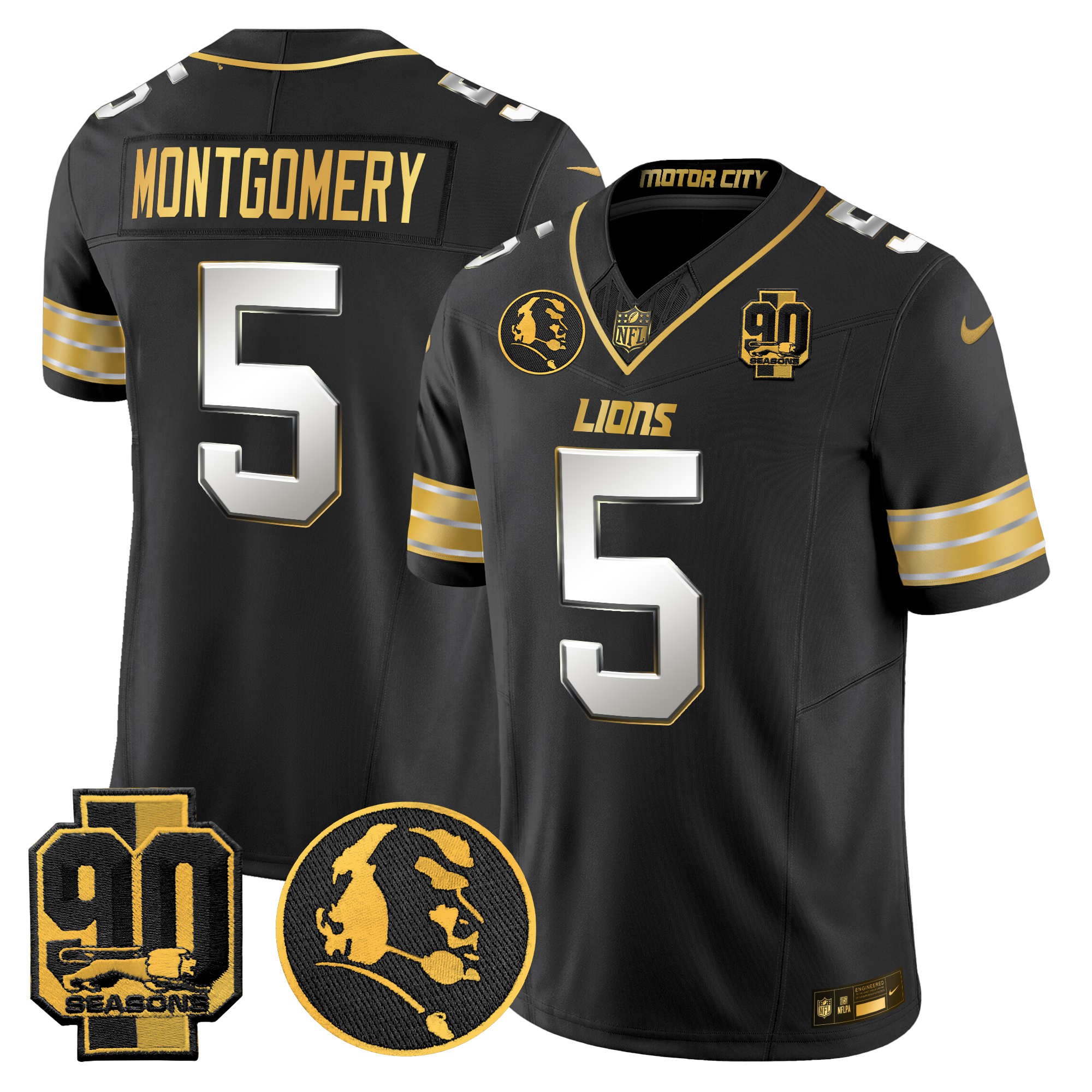 David Montgomery Men's Detroit Lions 2024 90th & John Madden Patch Gold Vapor Limited Black Limited Jersey - All Stitched