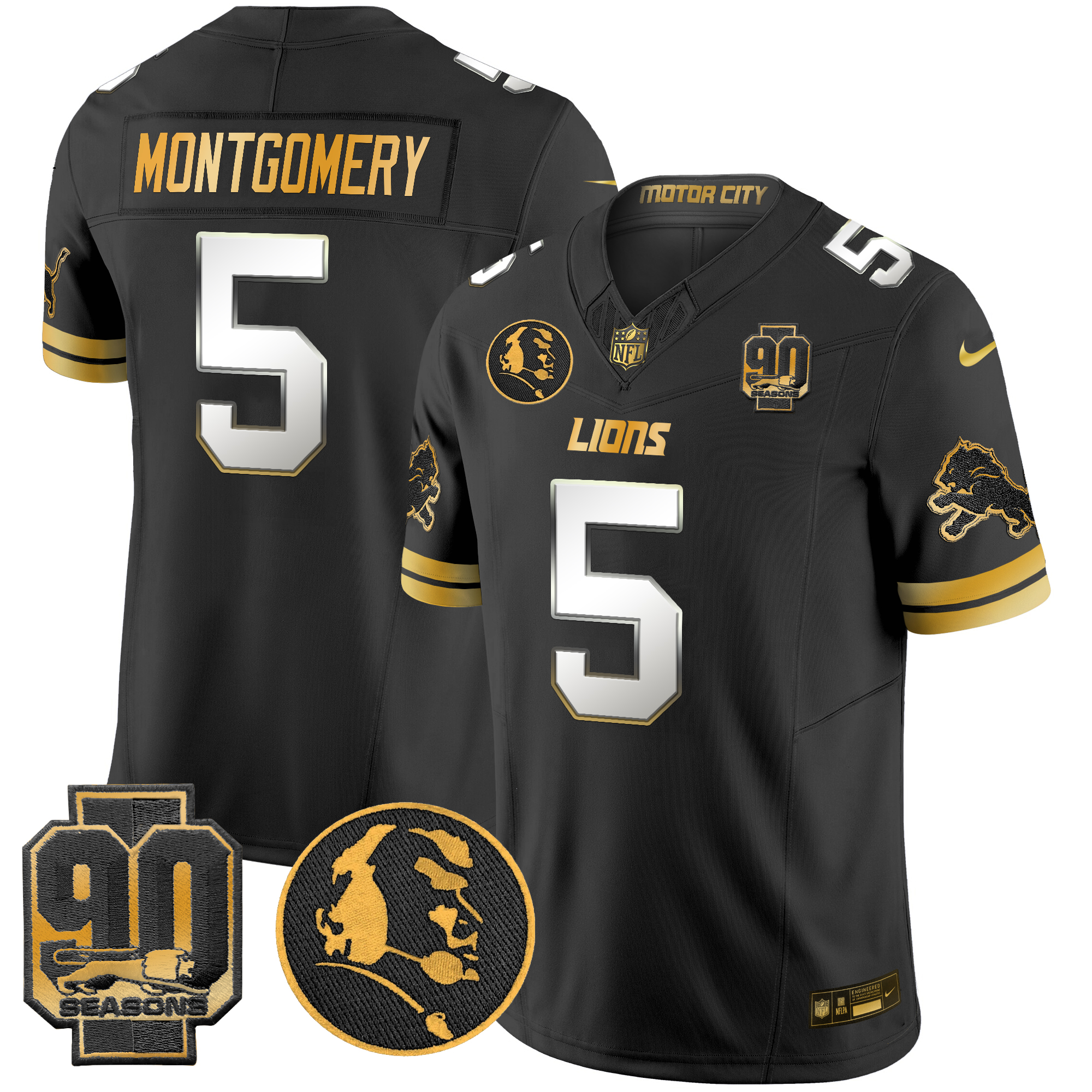 David Montgomery Men's Detroit Lions 2024 90th & John Madden Patch Gold Vapor Limited Black Limited Jersey - All Stitched