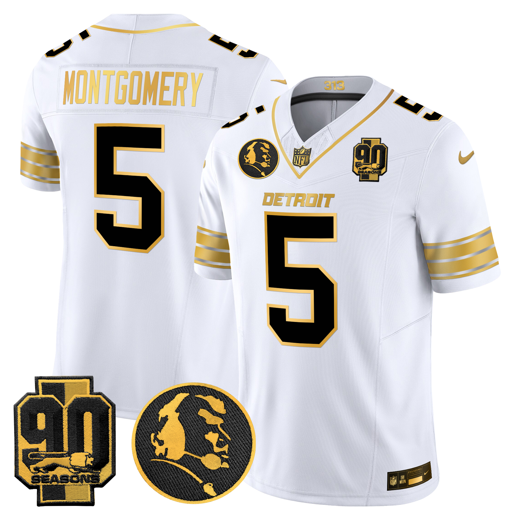 David Montgomery Men's Detroit Lions 2024 90th & John Madden Patch Gold Vapor Limited White Gold Jersey - All Stitched