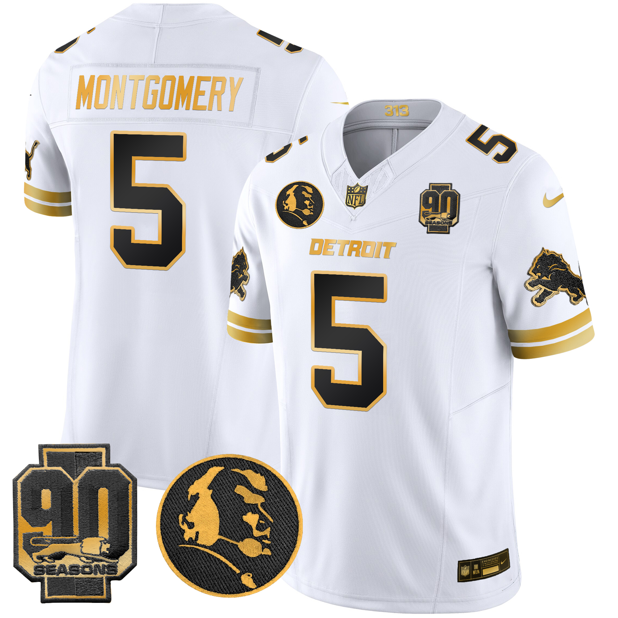 David Montgomery Men's Detroit Lions 2024 90th & John Madden Patch Gold Vapor Limited White Gold Jersey - All Stitched