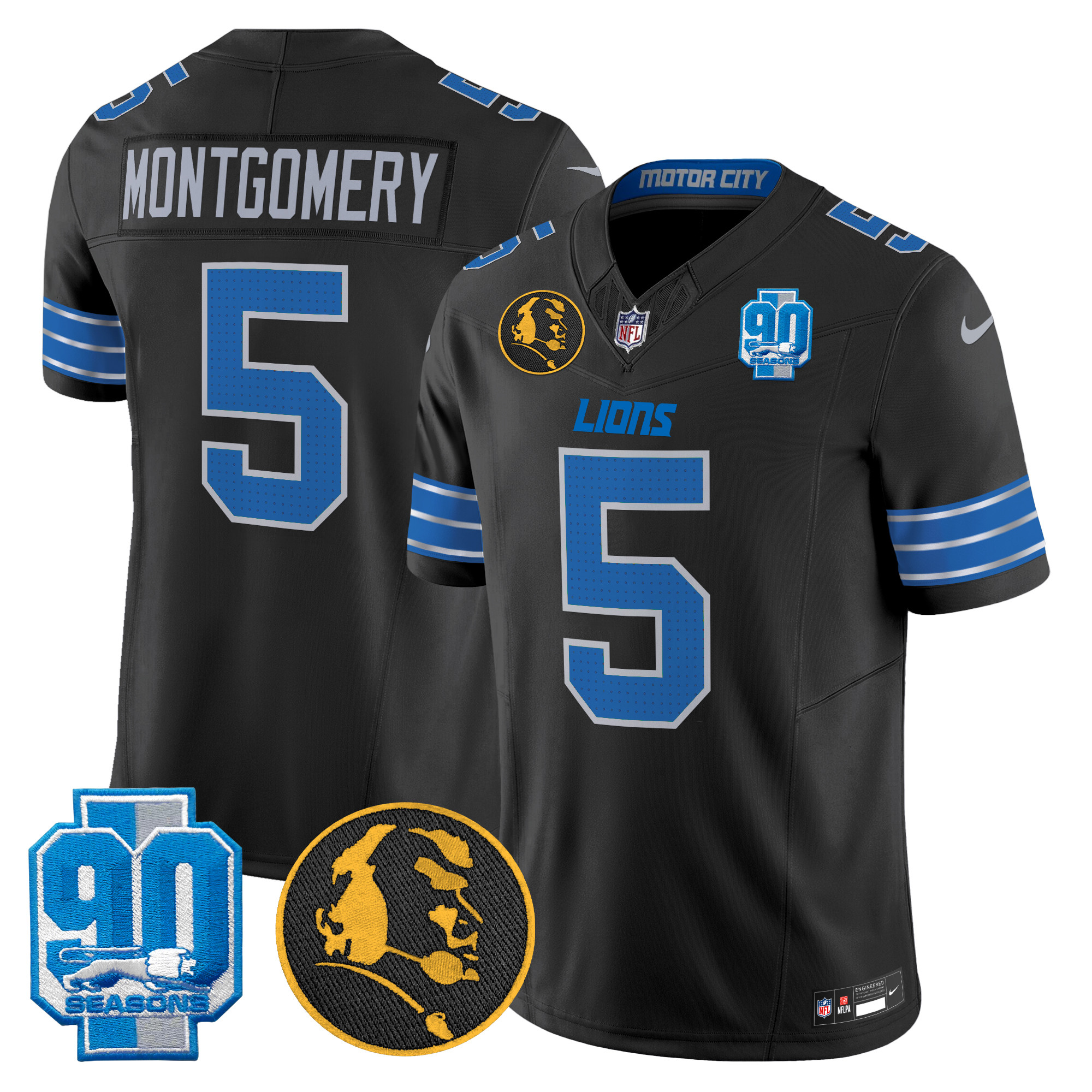David Montgomery Men's Detroit Lions 2024 90th & John Madden Patch Vapor Limited Black Jersey - All Stitched