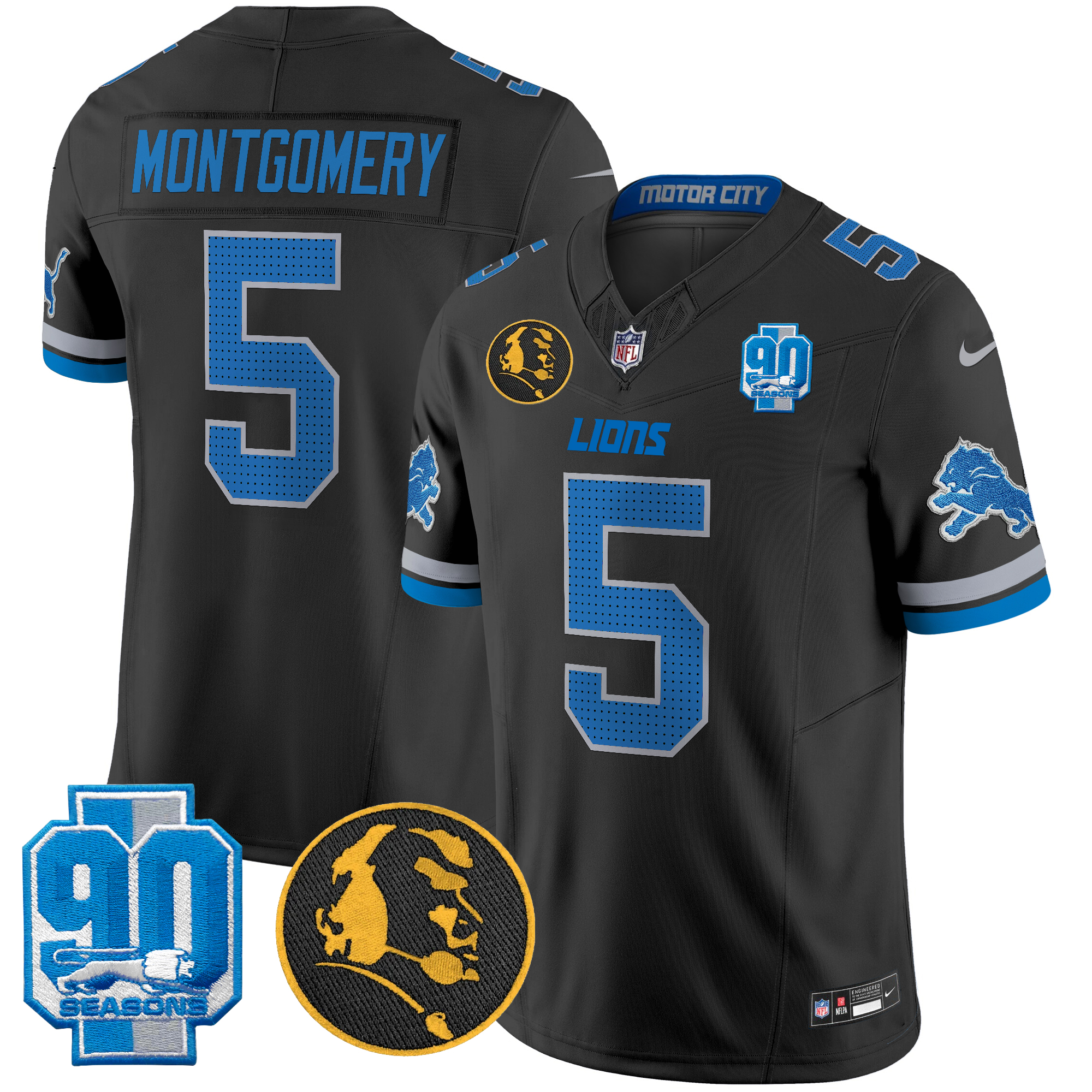David Montgomery Men's Detroit Lions 2024 90th & John Madden Patch Vapor Limited Black Jersey - All Stitched