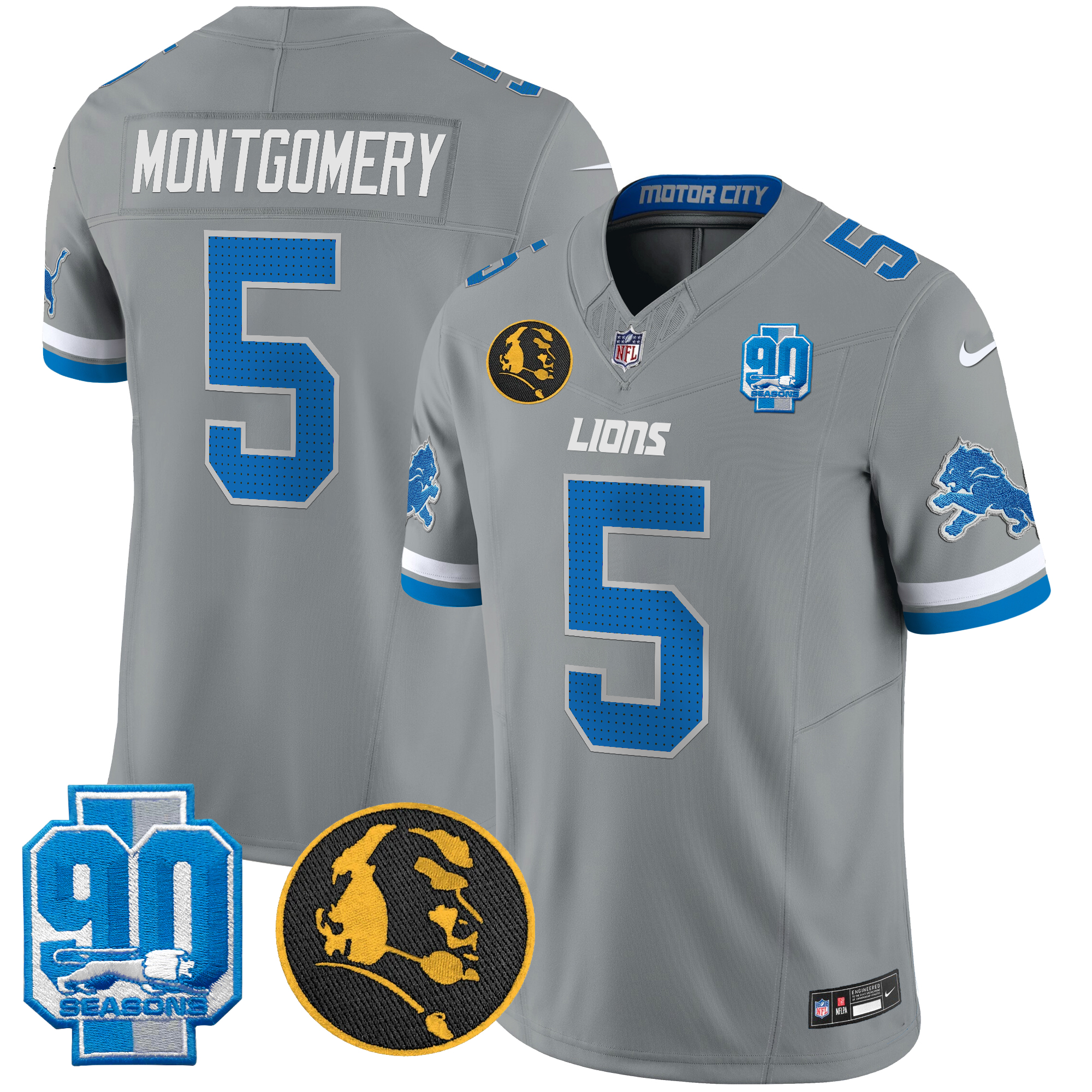 David Montgomery Men's Detroit Lions 2024 90th & John Madden Patch Vapor Limited Gray Jersey - All Stitched