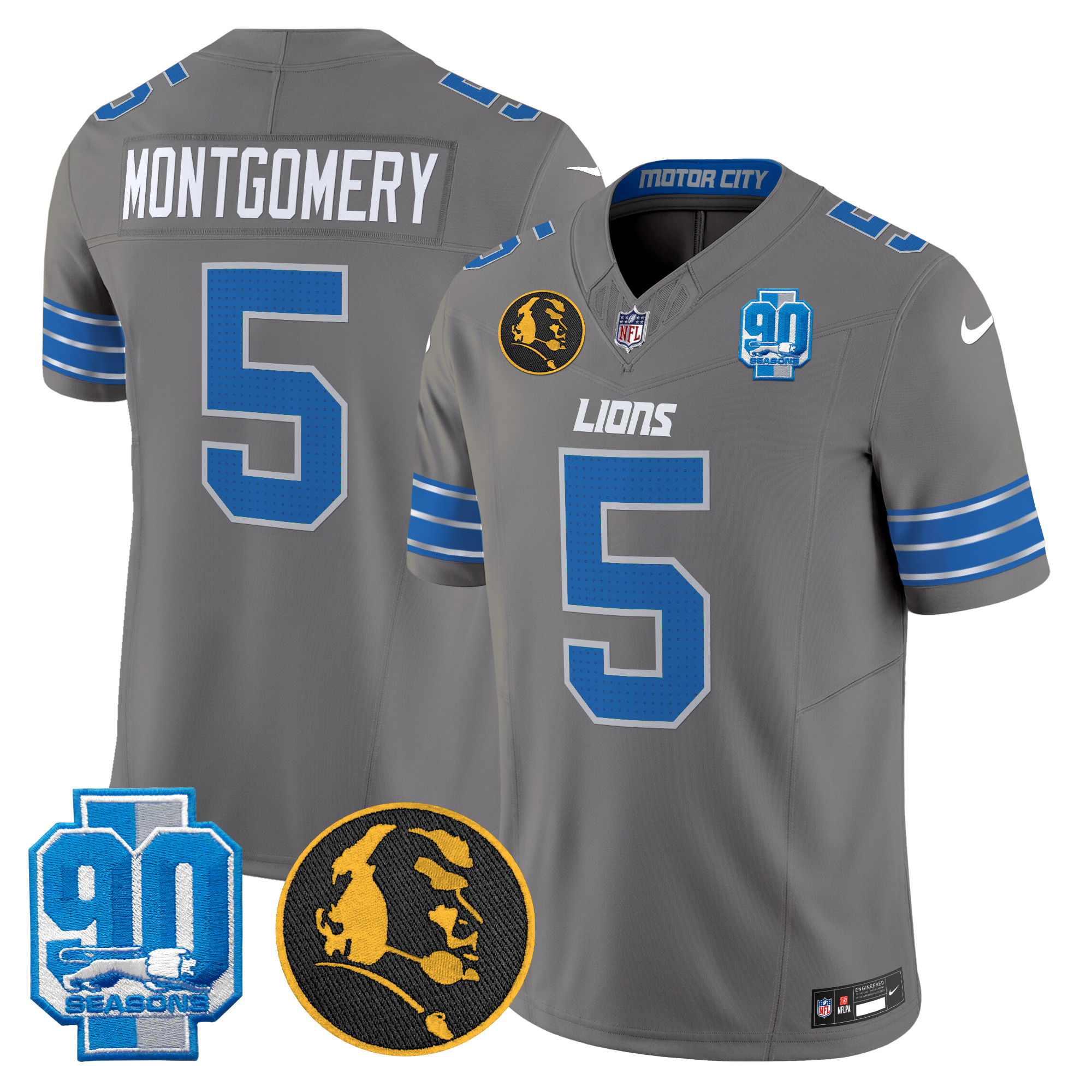 David Montgomery Men's Detroit Lions 2024 90th & John Madden Patch Vapor Limited Gray Jersey - All Stitched