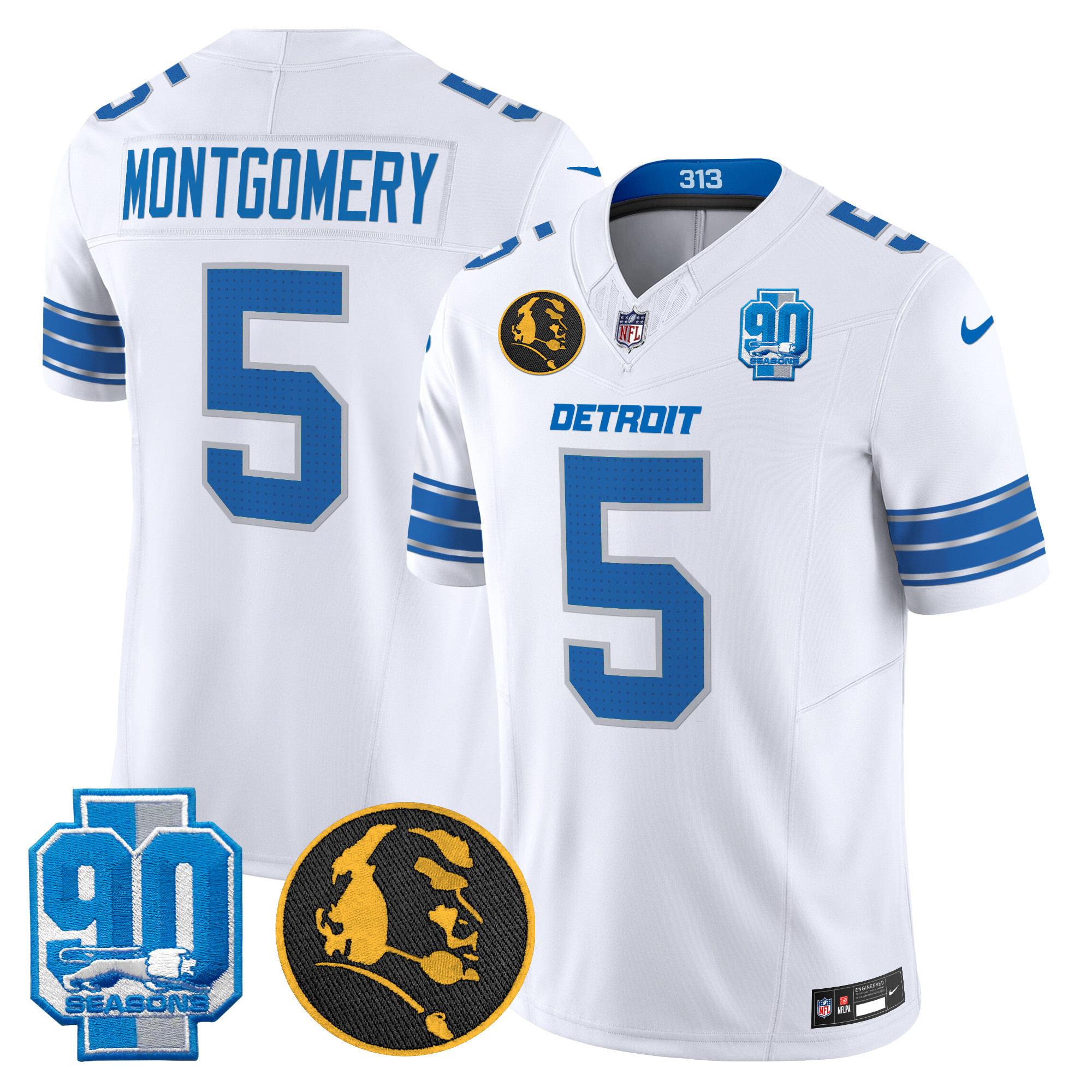 David Montgomery Men's Detroit Lions 2024 90th & John Madden Patch Vapor Limited White Jersey - All Stitched