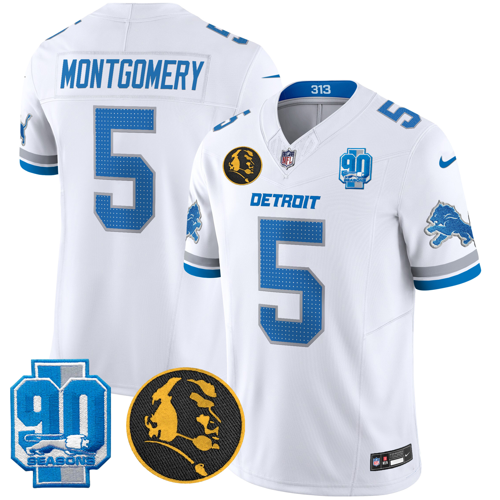 David Montgomery Men's Detroit Lions 2024 90th & John Madden Patch Vapor Limited White Jersey - All Stitched