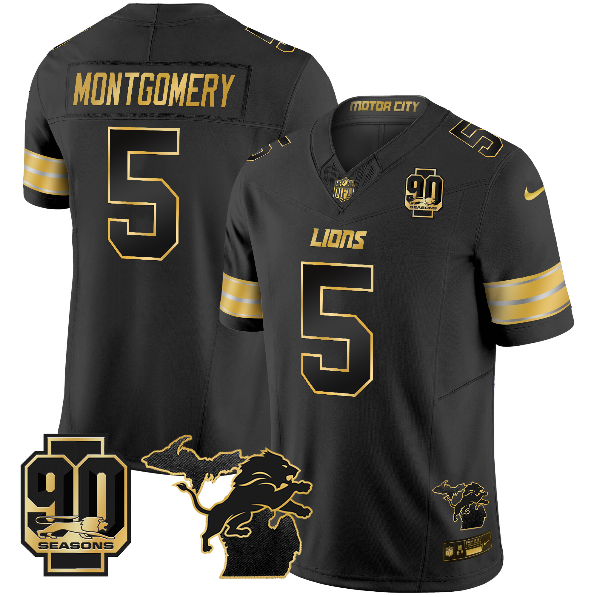 David Montgomery Men's Detroit Lions 2024 Michigan & 90th Season Patch Gold Vapor Limited Black Gold Jersey - All Stitched