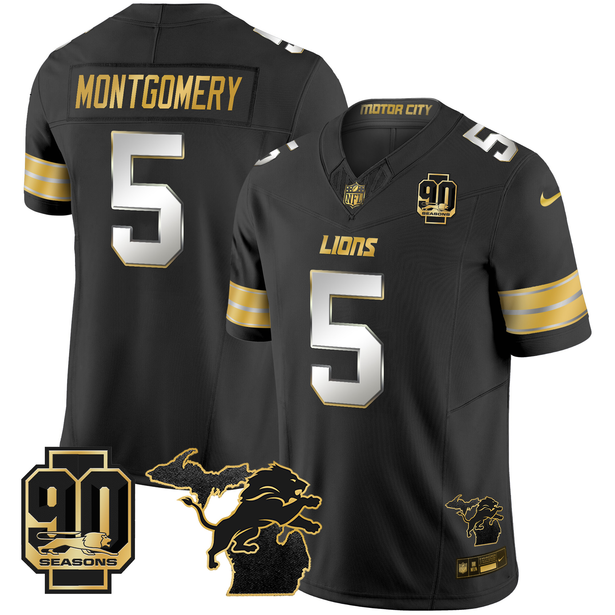 David Montgomery Men's Detroit Lions 2024 Michigan & 90th Season Patch Gold Vapor Limited Black Limited Jersey - All Stitched
