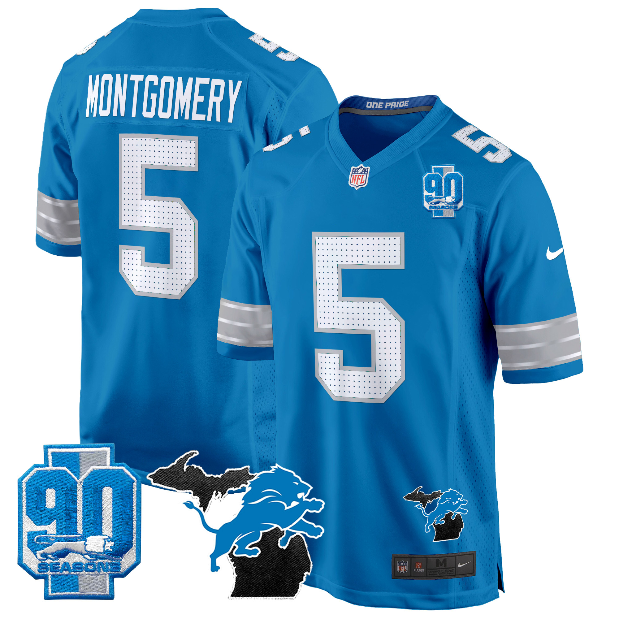 David Montgomery Men's Detroit Lions 2024 Michigan & 90th Year Patch Game Blue Jersey - All Stitched