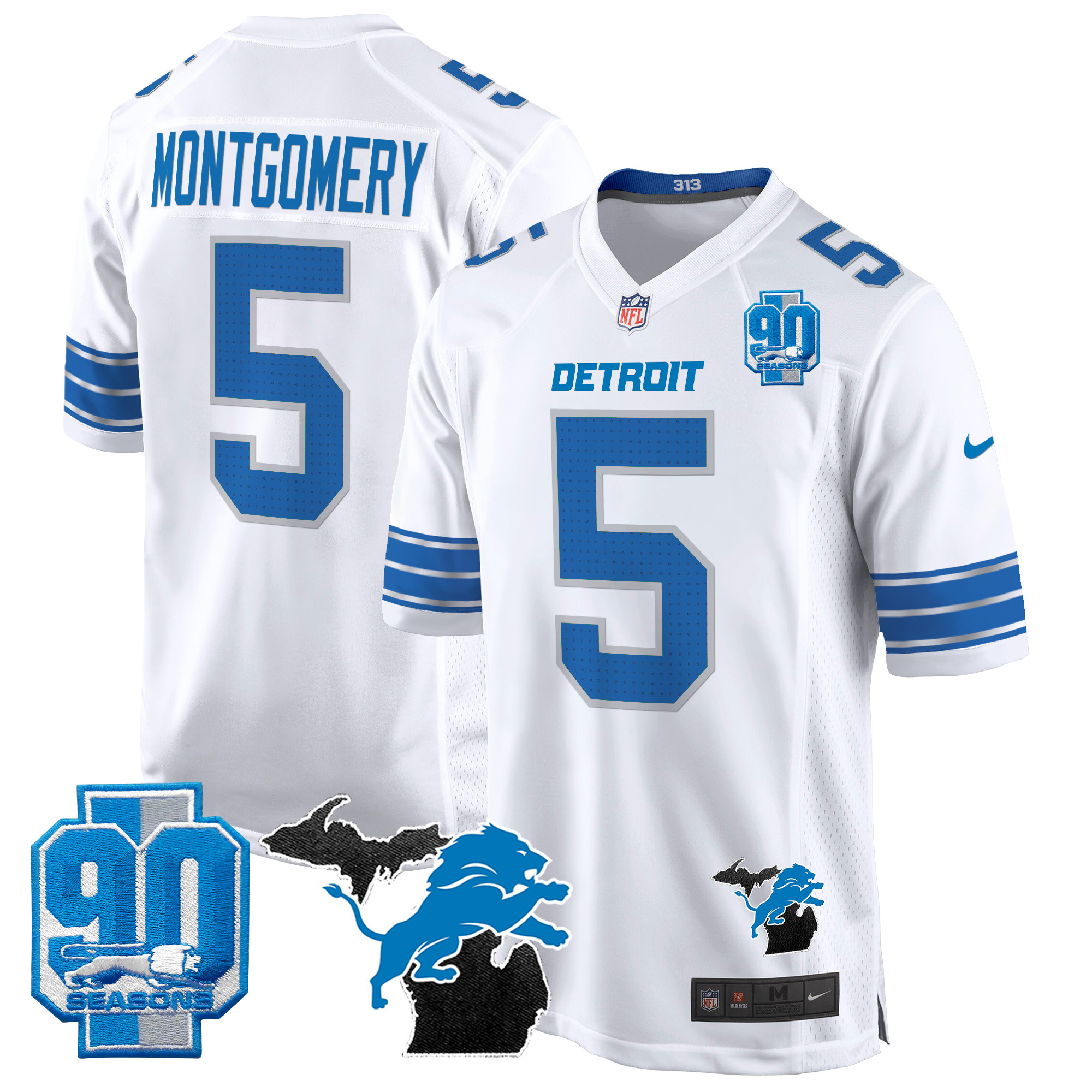 David Montgomery Men's Detroit Lions 2024 Michigan & 90th Year Patch Game White Jersey - All Stitched