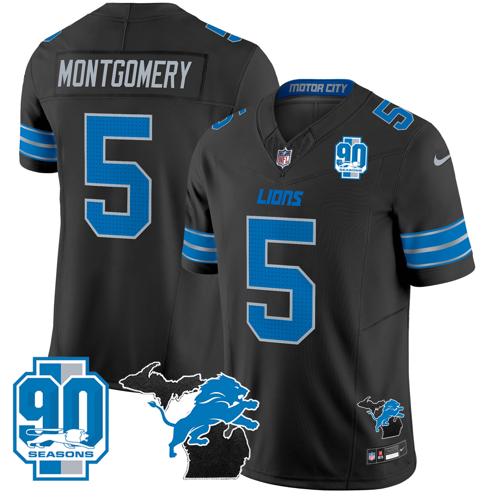 David Montgomery Men's Detroit Lions 2024 Michigan & 90th Year Patch Vapor Black Jersey - All Stitched