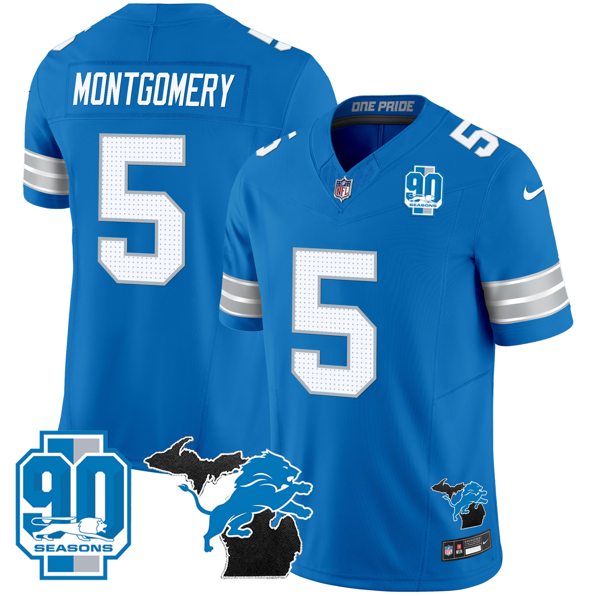 David Montgomery Men's Detroit Lions 2024 Michigan & 90th Year Patch Vapor Blue Jersey - All Stitched