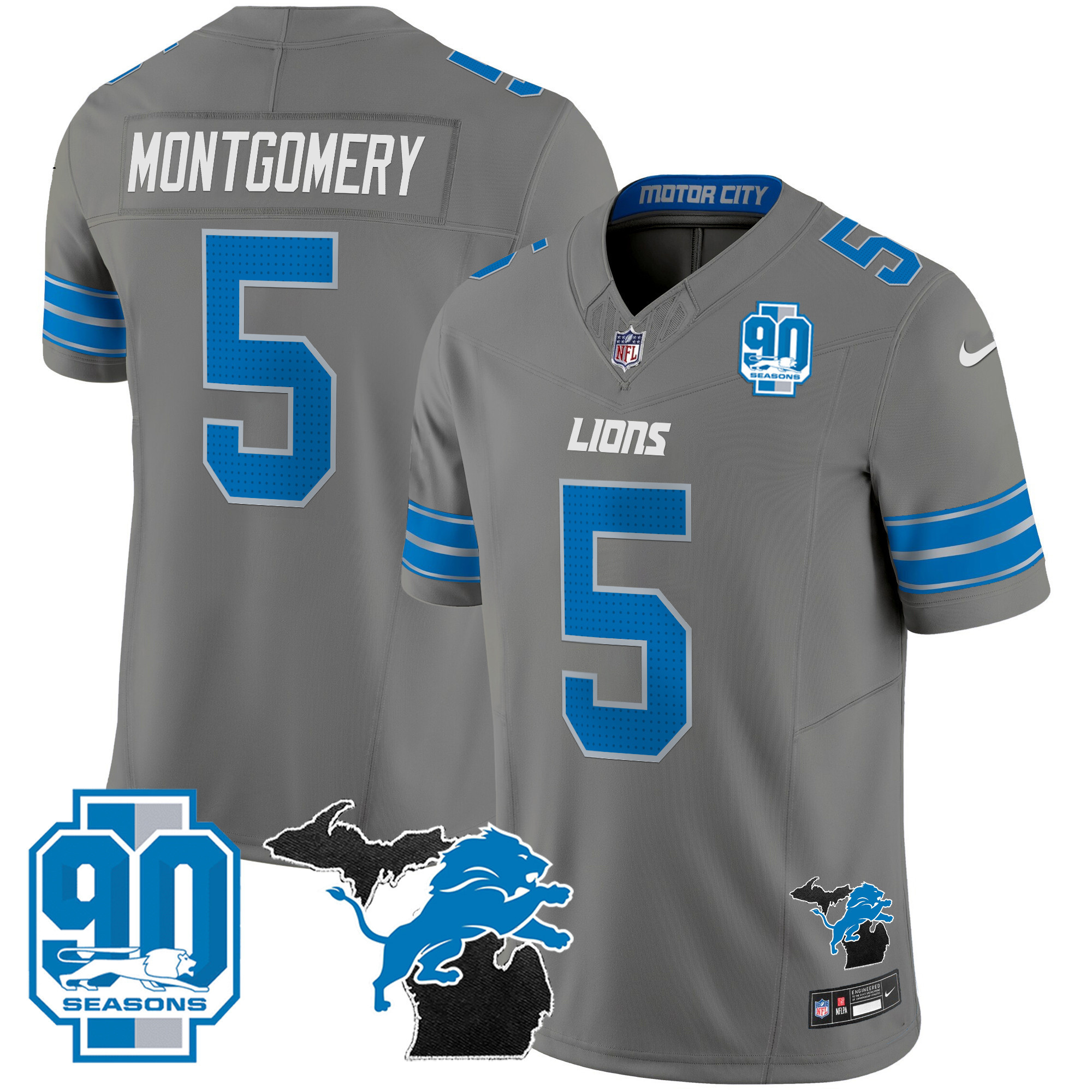 David Montgomery Men's Detroit Lions 2024 Michigan & 90th Year Patch Vapor Gray Jersey - All Stitched