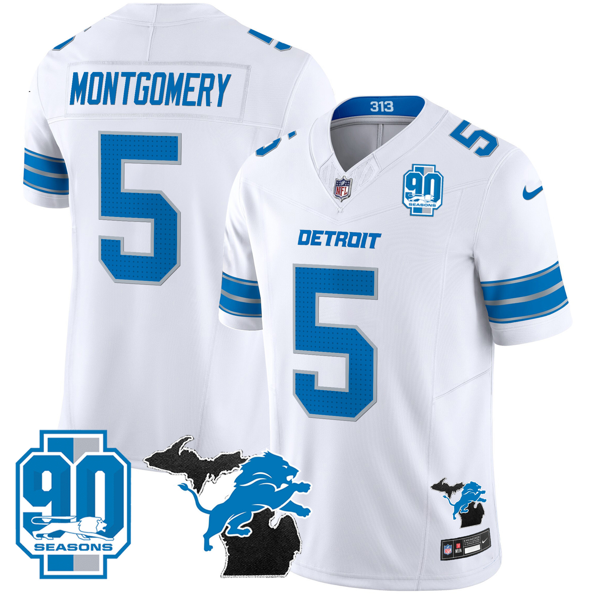 David Montgomery Men's Detroit Lions 2024 Michigan & 90th Year Patch Vapor White Jersey - All Stitched