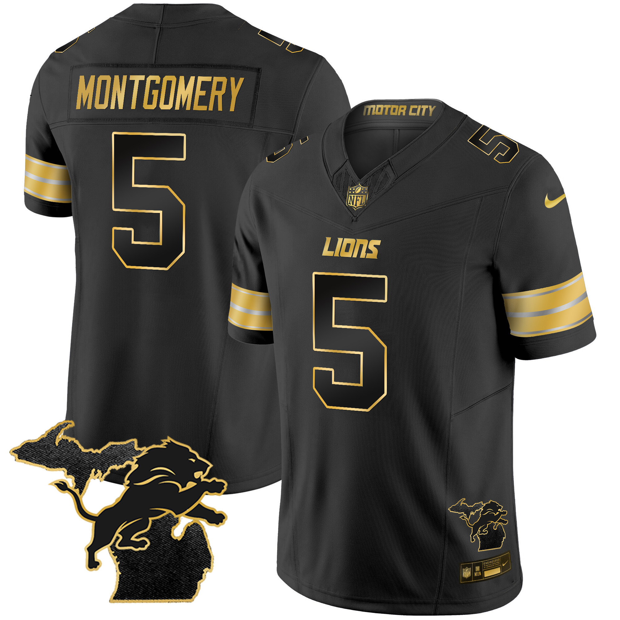 David Montgomery Men's Detroit Lions 2024 Michigan Patch Gold Vapor Black Gold Jersey - All Stitched
