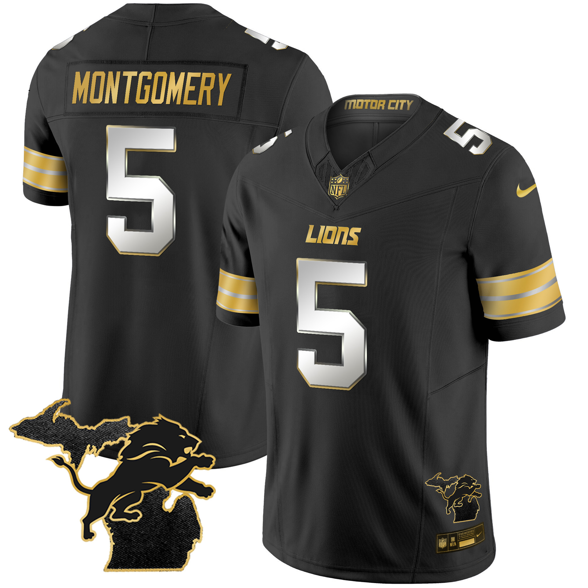 David Montgomery Men's Detroit Lions 2024 Michigan Patch Gold Vapor Black Limited Jersey - All Stitched