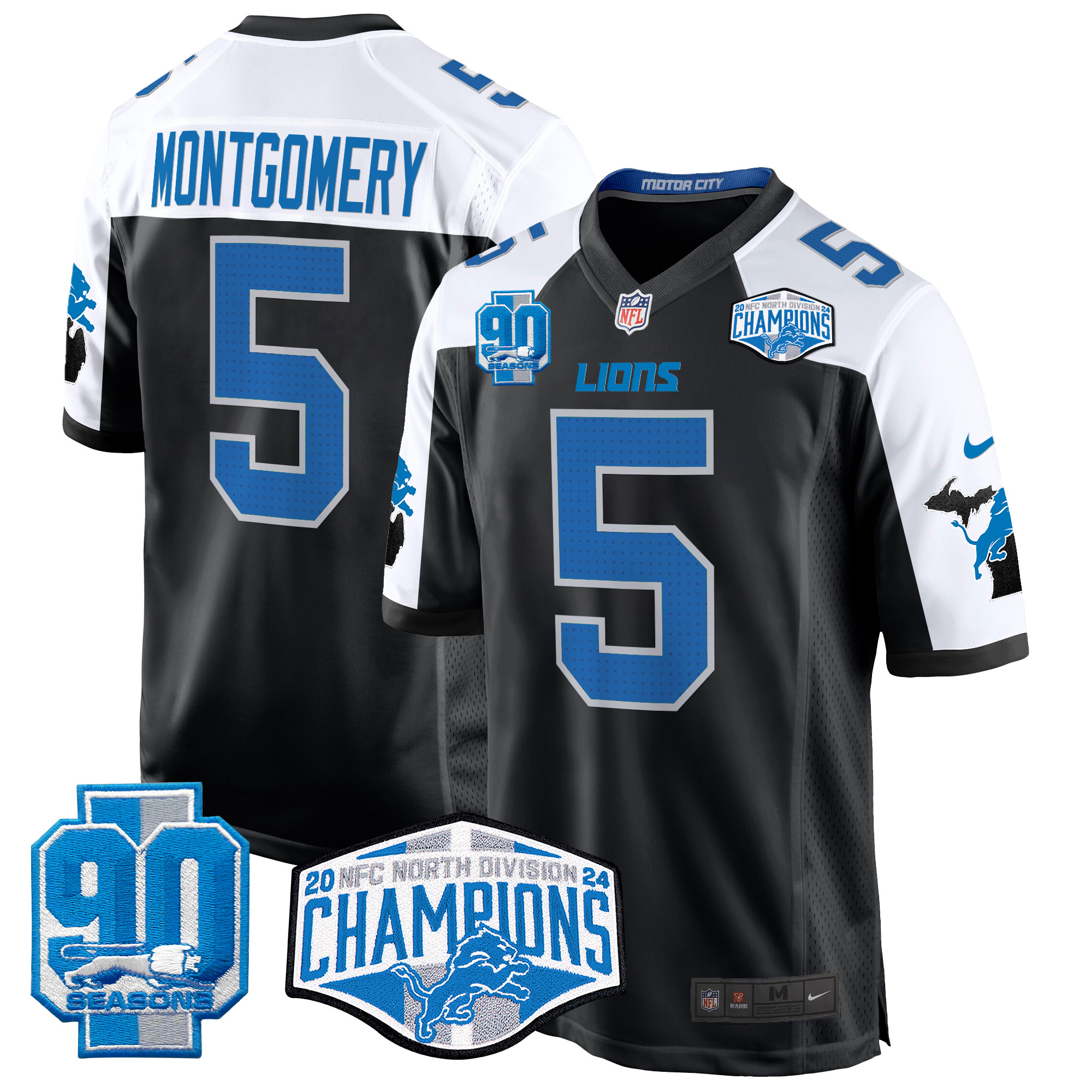 David Montgomery Men's Detroit Lions 2024 NFC North Division Champions Patch Game Black Alternate Jersey - All Stitched