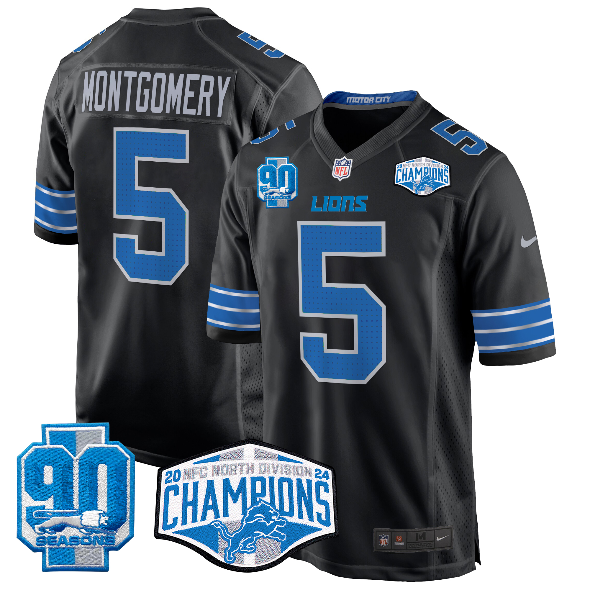 David Montgomery Men's Detroit Lions 2024 NFC North Division Champions Patch Game Black Jersey - All Stitched